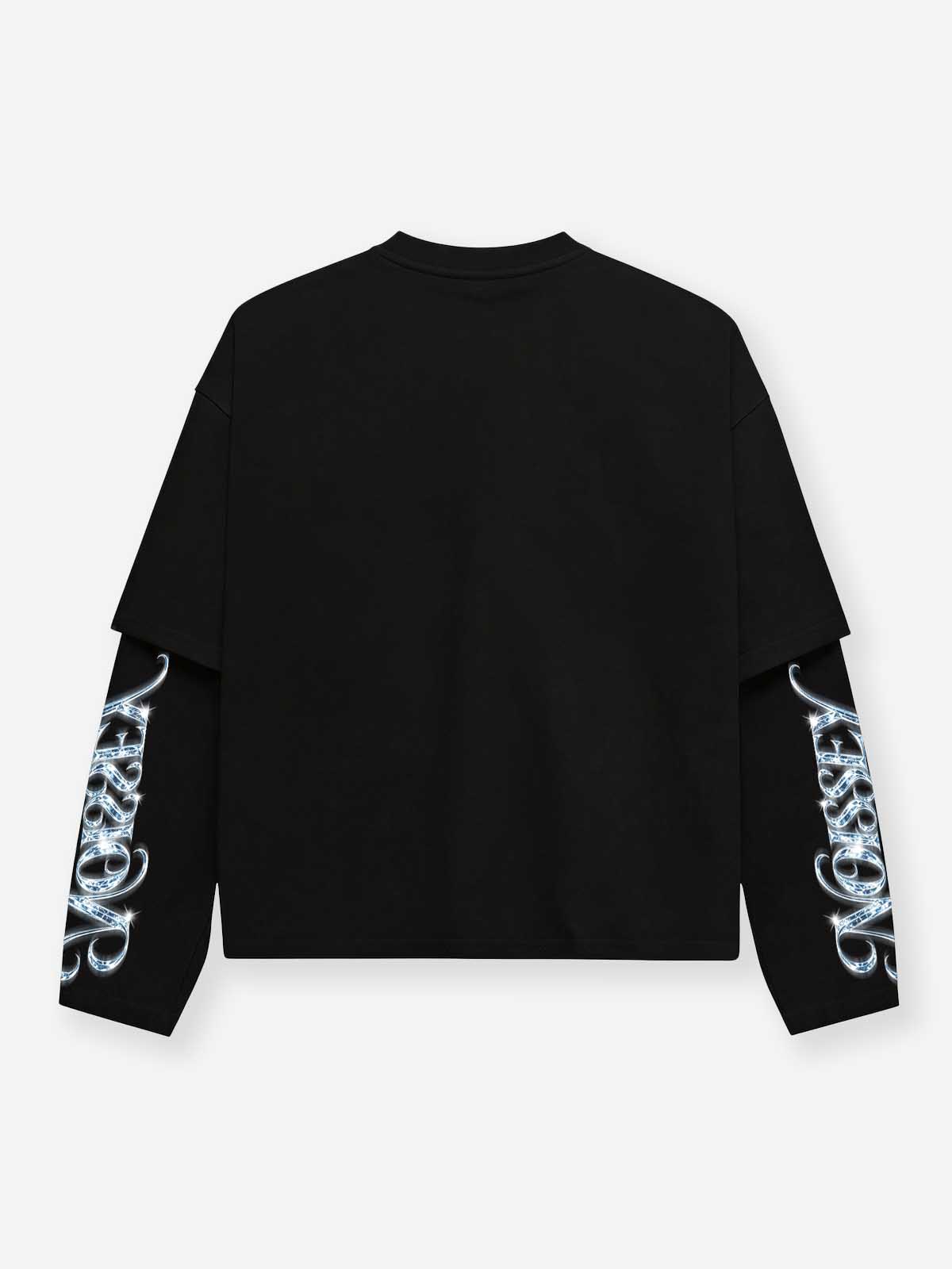 NOISSEY "Blessed Cross" Rhinestone Glove & Blue Crystal Cross Black Fake Two-Piece Long-Sleeve Tee