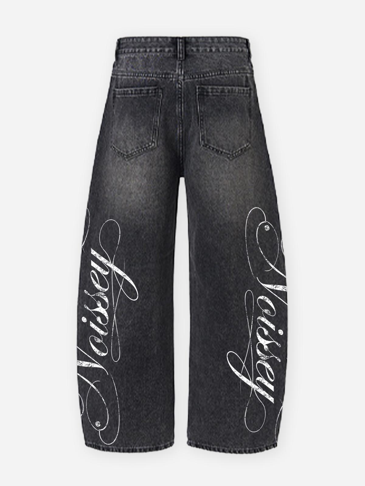 NOISSEY Cursive Script Distressed Graphic Black-Grey Washed Banana Baggy Jeans