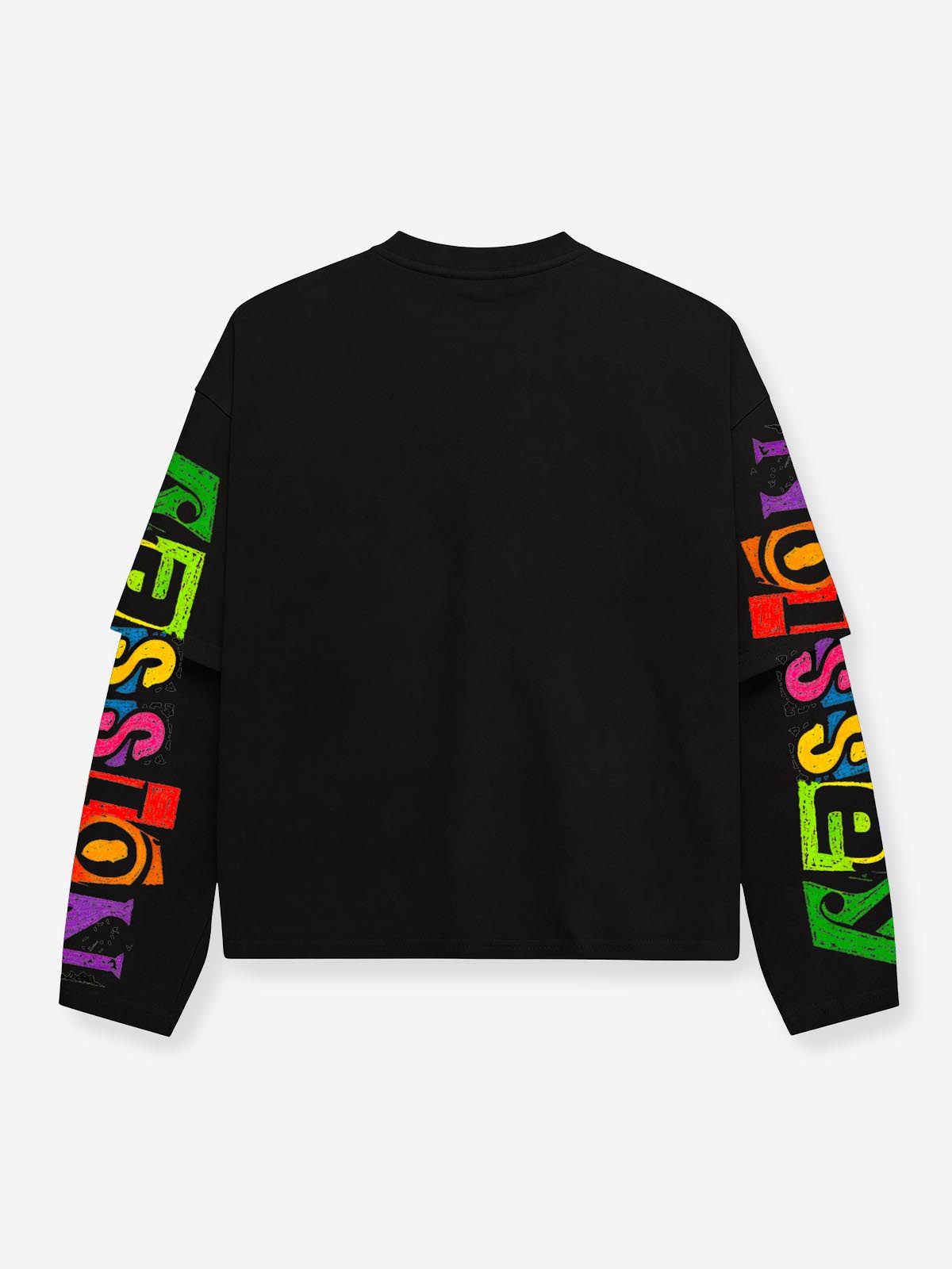 NOISSEY IDREAM Portrait & Floral Graffiti Heavyweight Fake Two-Piece Long Sleeve Tee - Black Streetwear  Long Sleeves