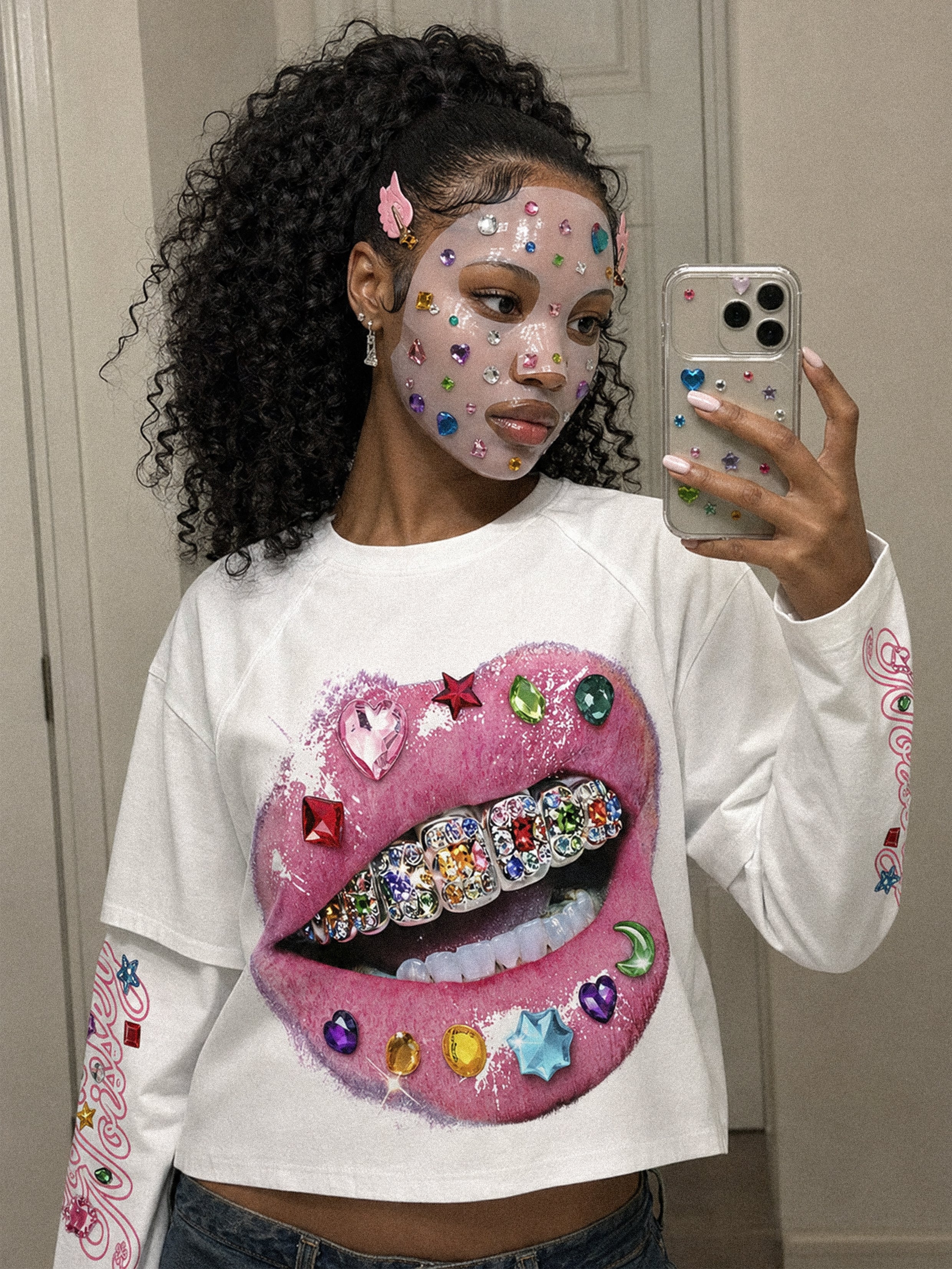 NOISSEY Pink Lips Gemstone Grillz Faux Two-Piece Raglan Sweatshirt - White Y2K Streetwear Crewneck