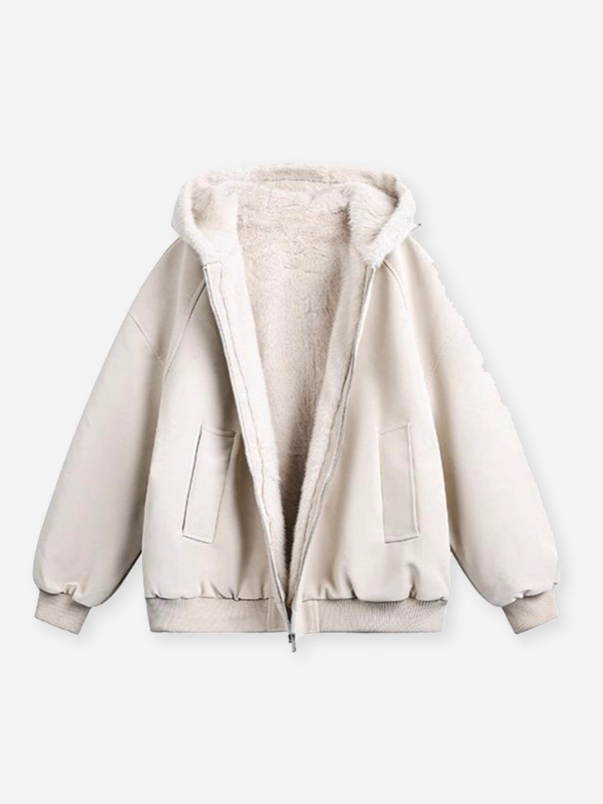 Fleece-lined Thickened Leather Coat with Fur Collar