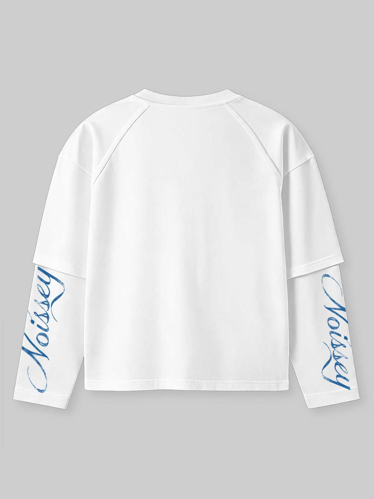 NOISSEY Blue Woodcut Couple Graphic Layered Long Sleeve Sweatshirt - White Oversized Streetwear Pullover