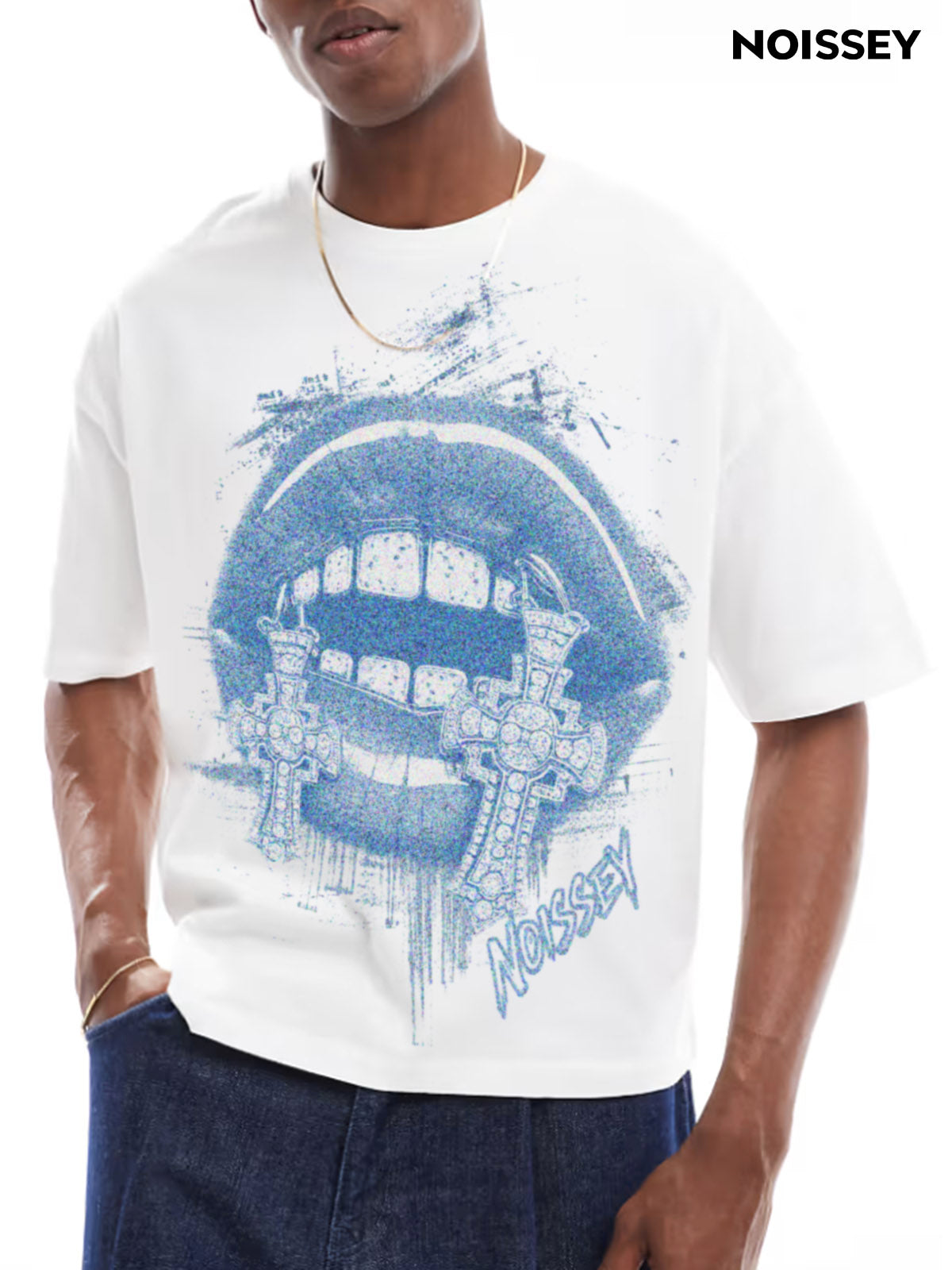 Blue Silhouette Cross Grills Print T-Shirt