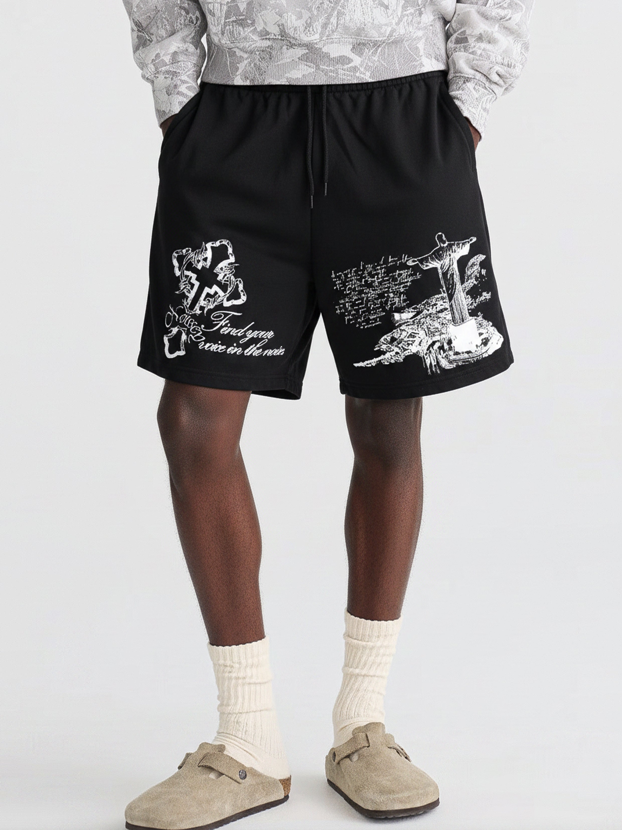 NOISSEY Waters of Faith Christ Cross Art Distressed Print Shorts-Onyx Black