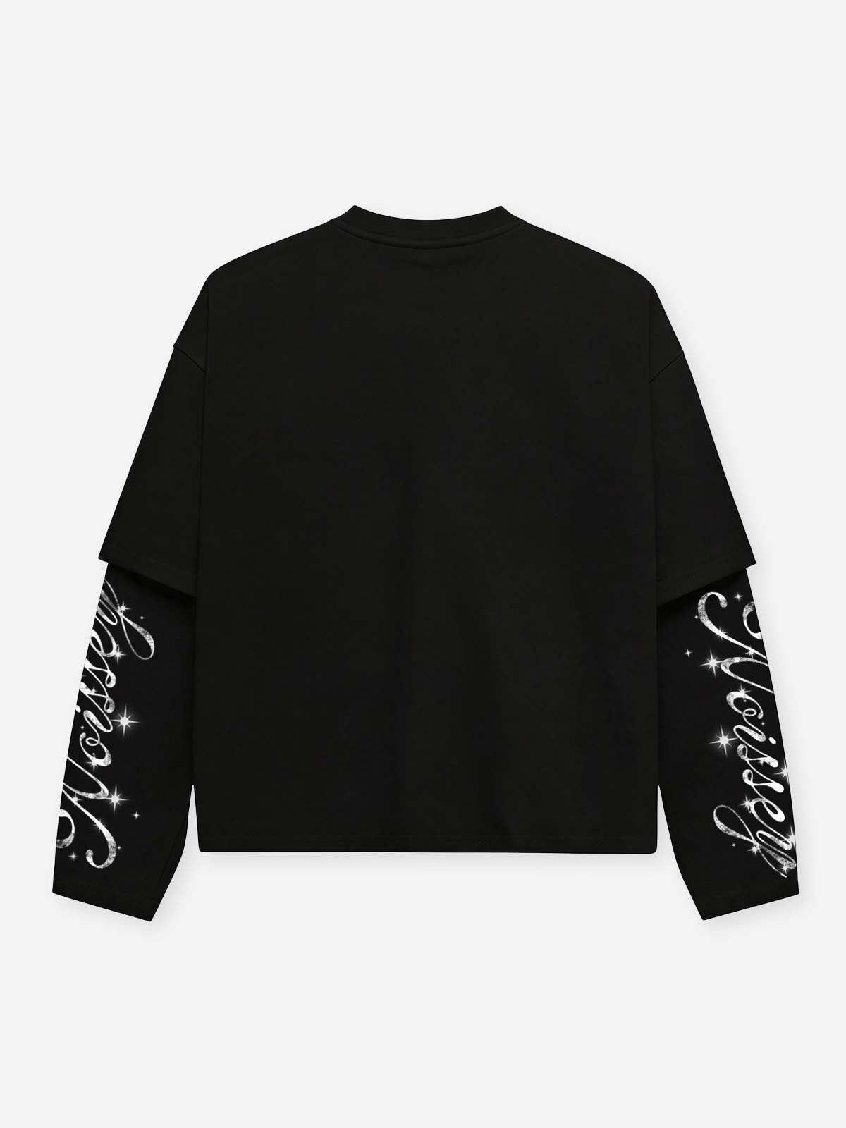 NOISSEY Double Black Lips Flame Grillz Faux Two-Piece Sweatshirt - Black Gothic Streetwear Crewneck