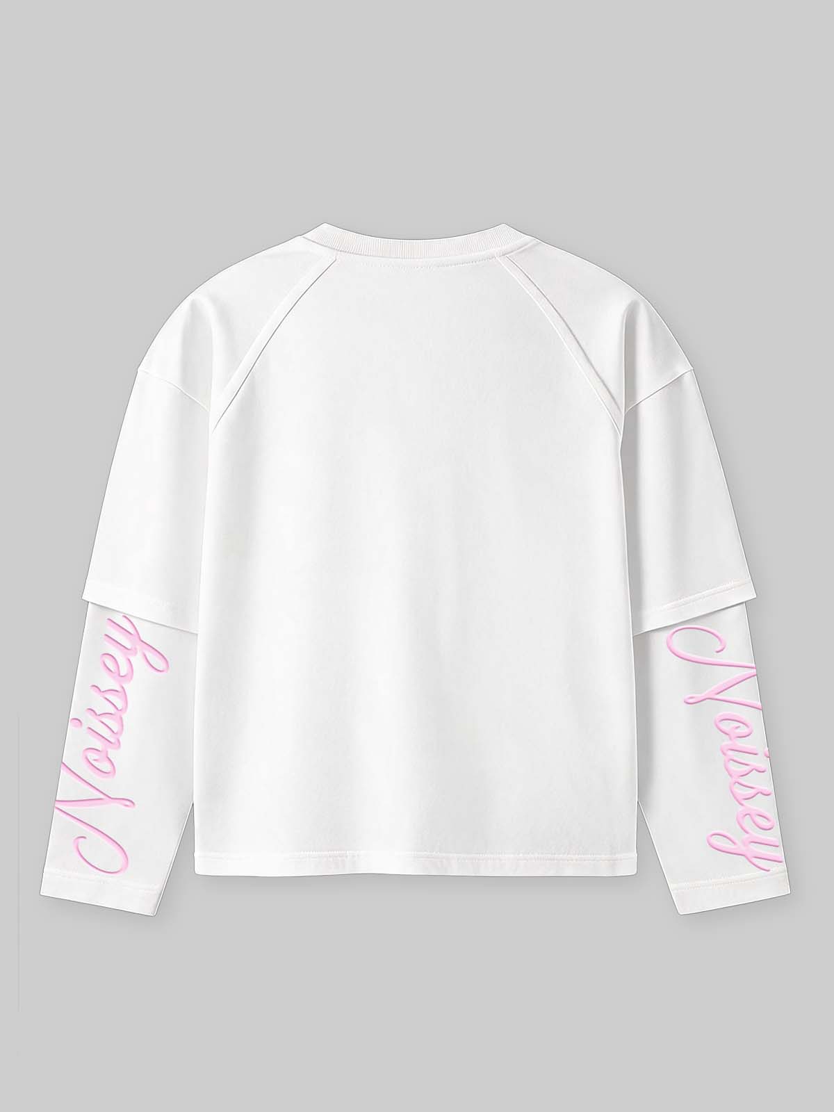 NOISSEY Y2K Pink Camera Girl & Nail Art Faux Layer Long Sleeve T-Shirt - Pure White