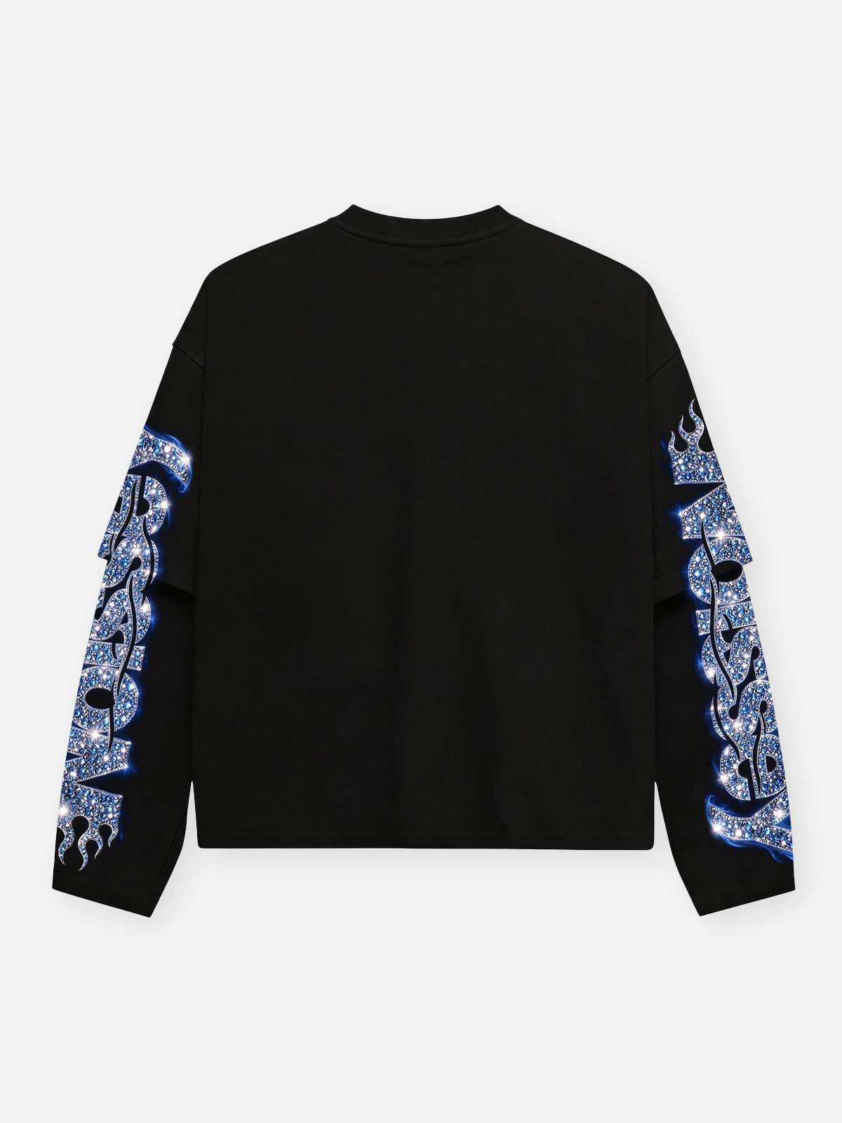 NOISSEY Iced-Out Knight & Motocross Blue Flame Cross Faux Layer Long Sleeve Tee