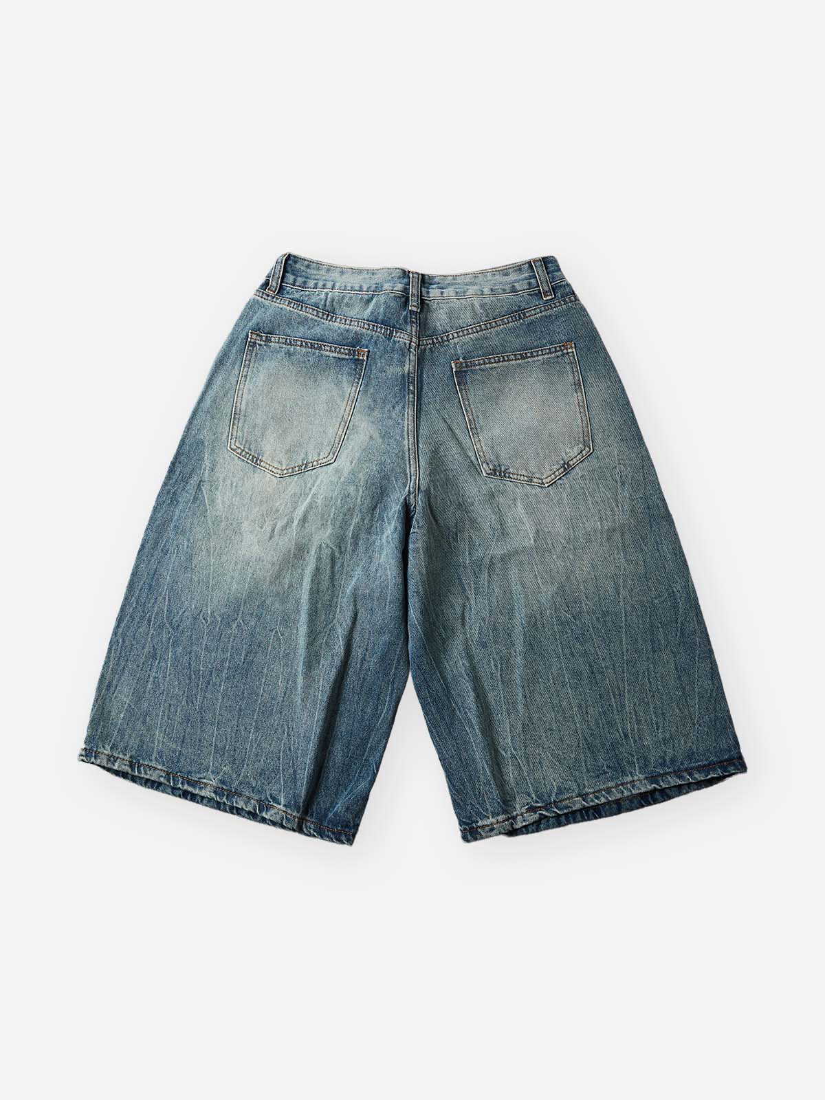 NOISSEY "Fleur-de-Lis" Hot-Fix Graphic Vintage Denim Shorts - Mid-Wash Indigo