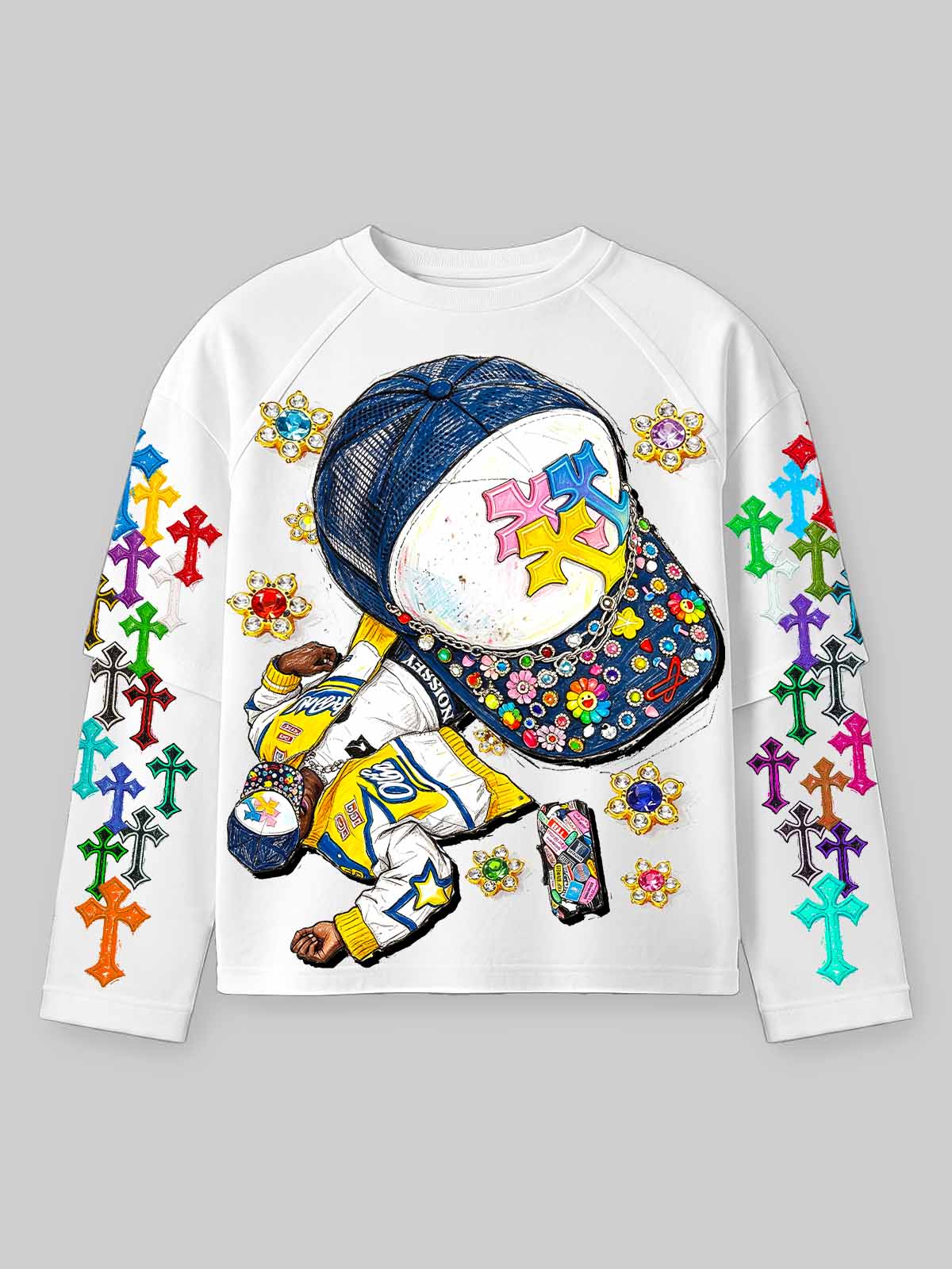 NOISSEY Hip-Hop Trucker Hat Graphic Heavyweight Faux Two-Piece Crewneck Long Sleeves