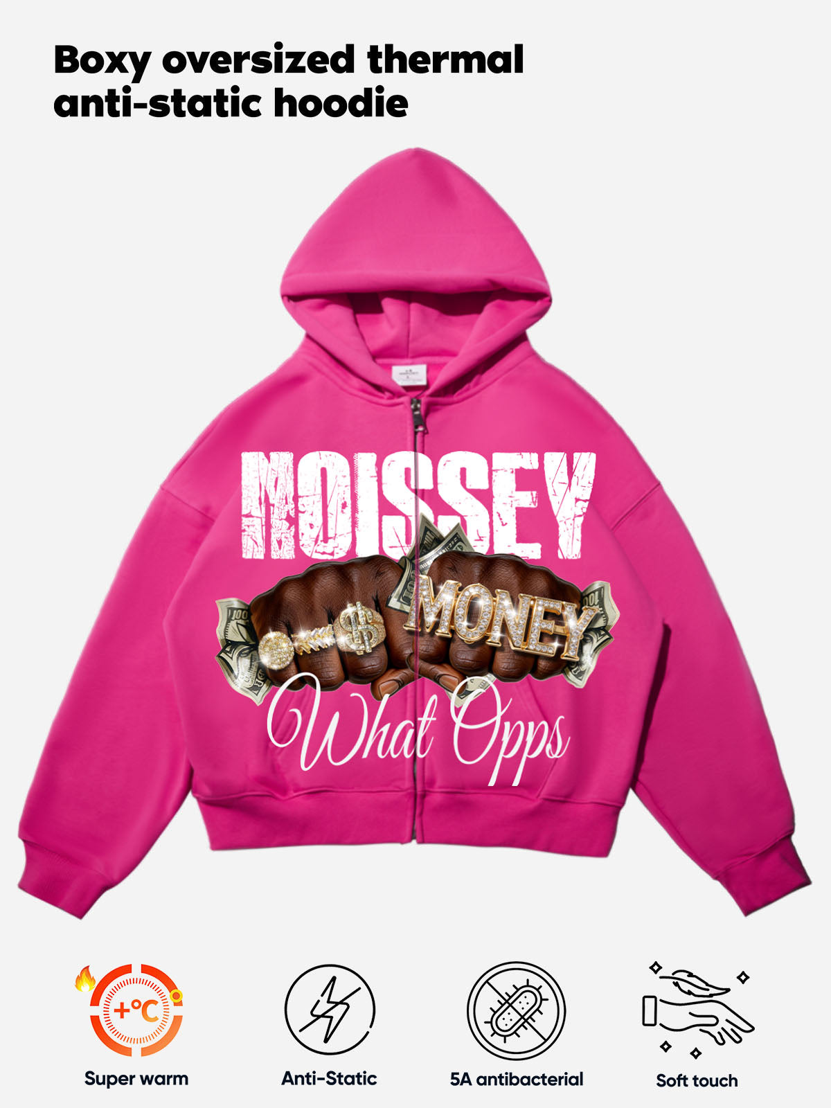 NOISSEY "What Opps" Luxury Streetwear Zip-Up Hoodie - Iced-Out Double Fist & Money Graphic Heavyweight Parka