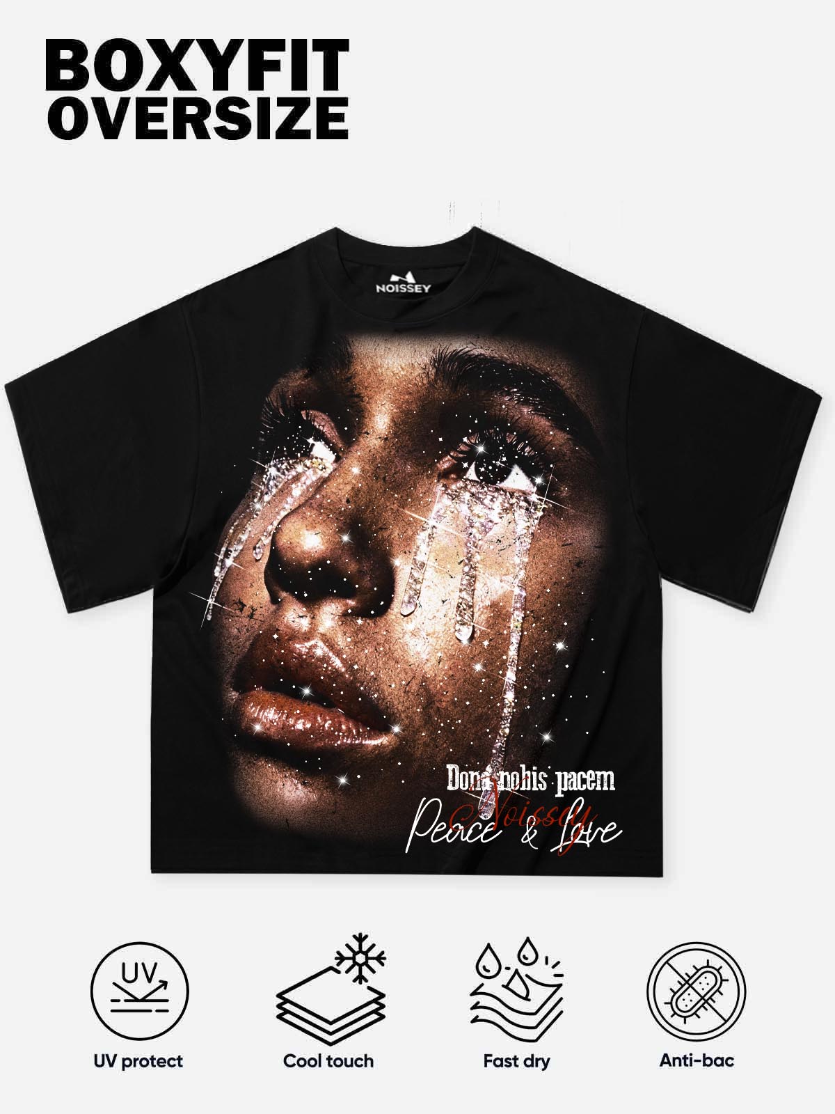 NOISSEY "Peace & Love" Black Boxy Tee - Diamond Tears Graphic