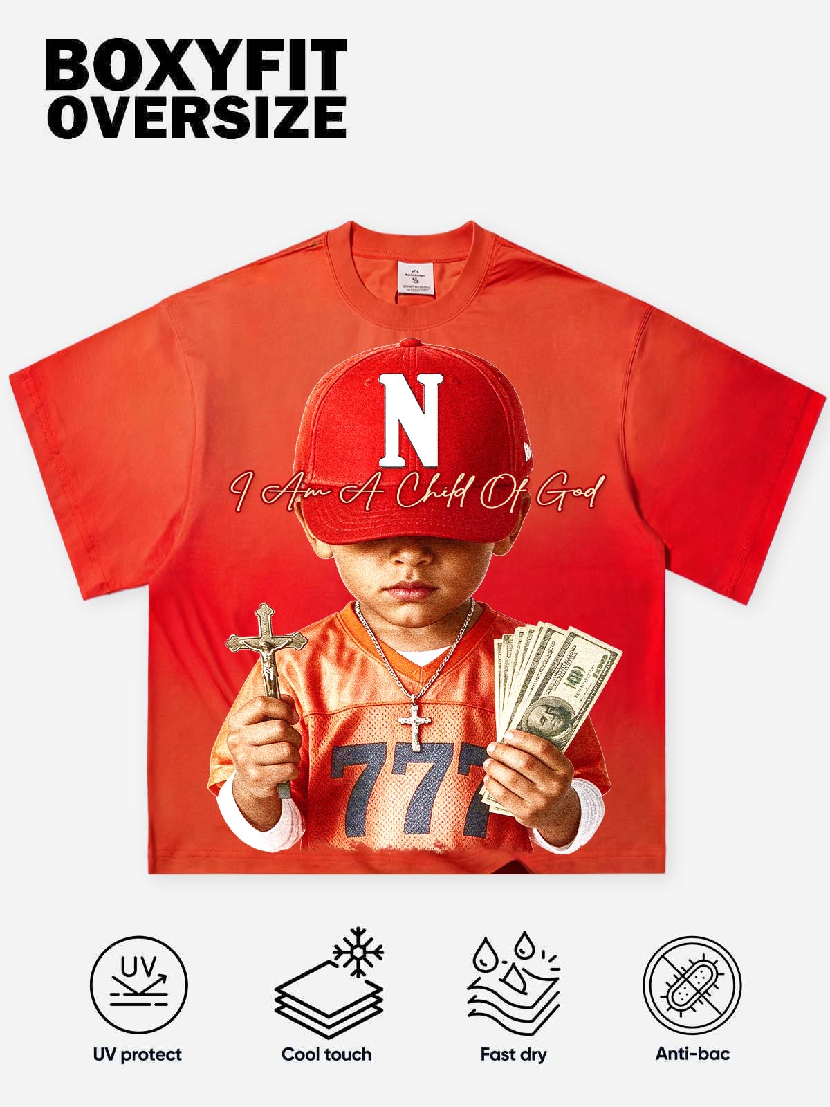 NOISSEY "I Am A Child Of God" Red Cap Kid Faith Graphic Orange-Red Gradient T-Shirt