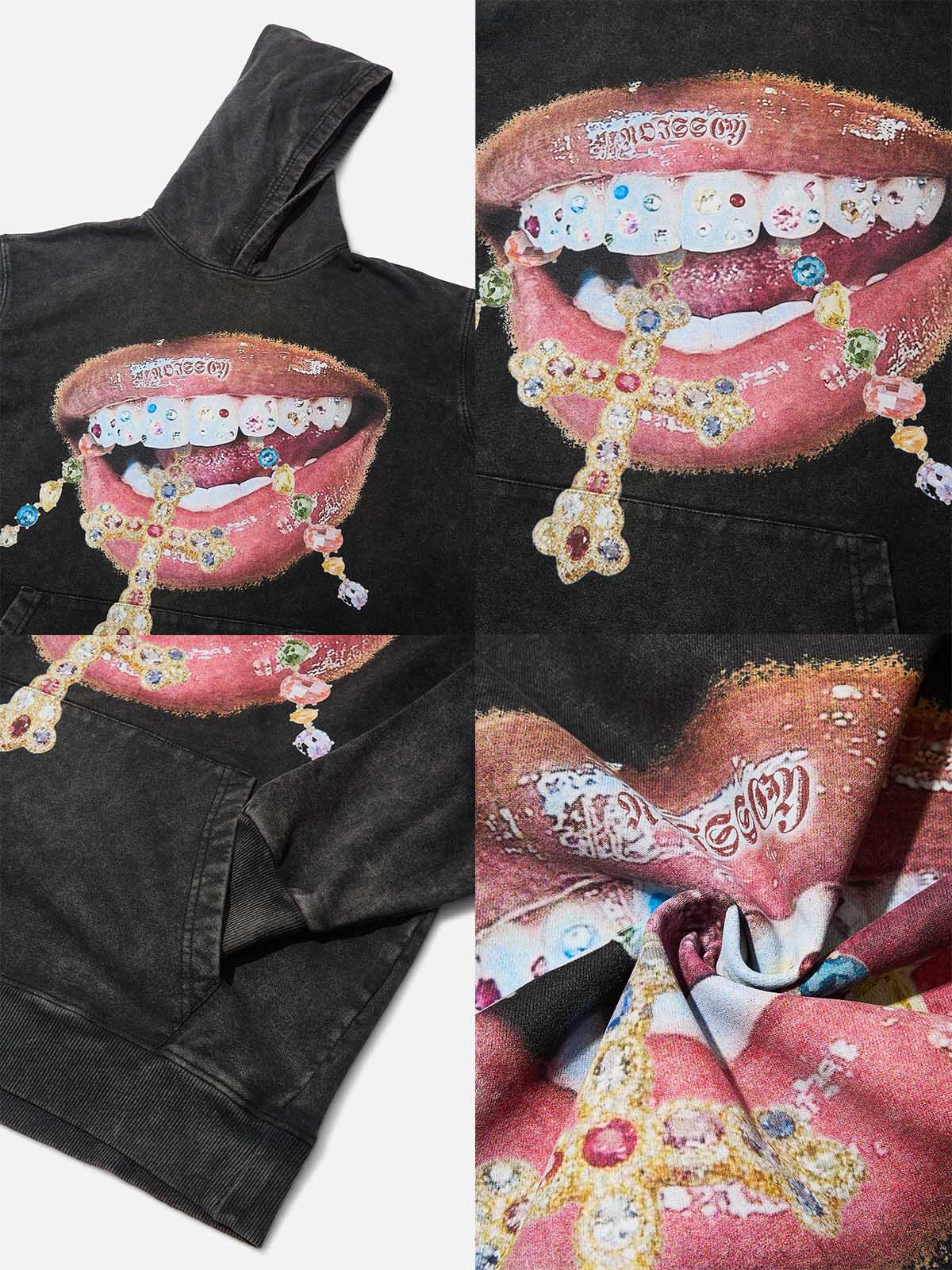 High quality Diamond Teeth Cross Print 425g Washed Hoodie