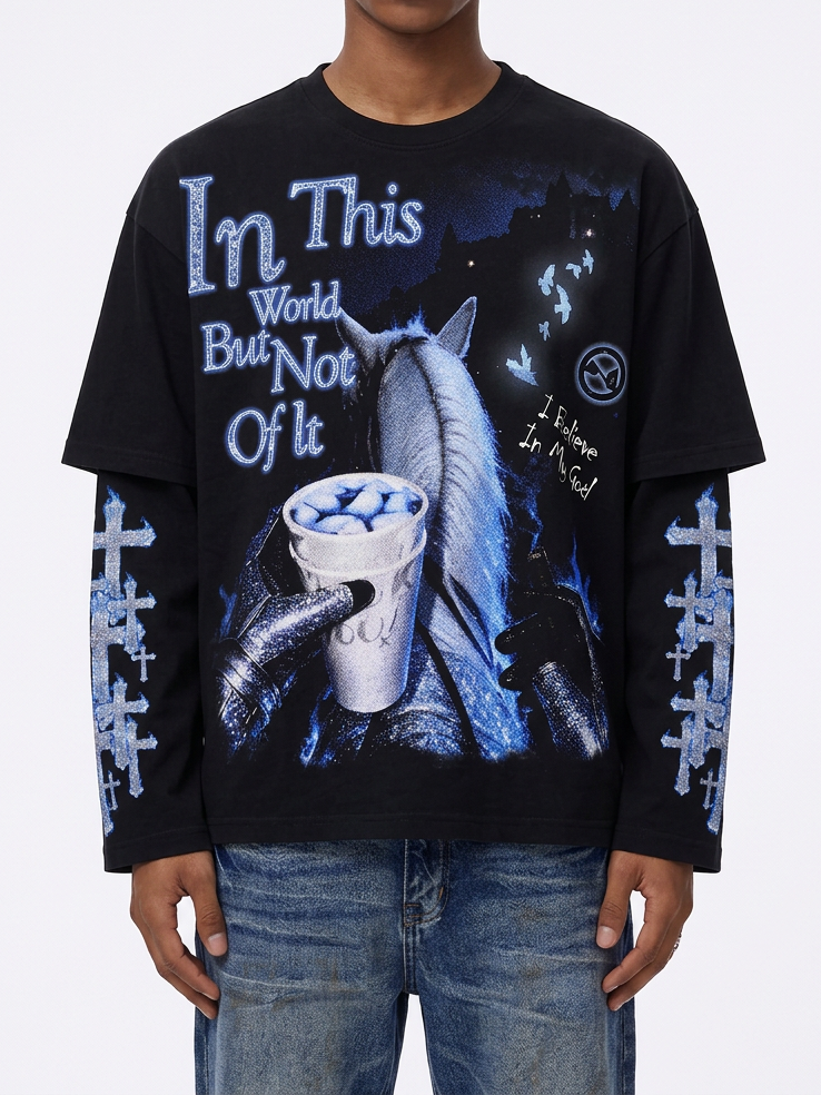 NOISSEY "In This World" Knight & White Horse Purple Cup Faux Layer Long Sleeve Tee