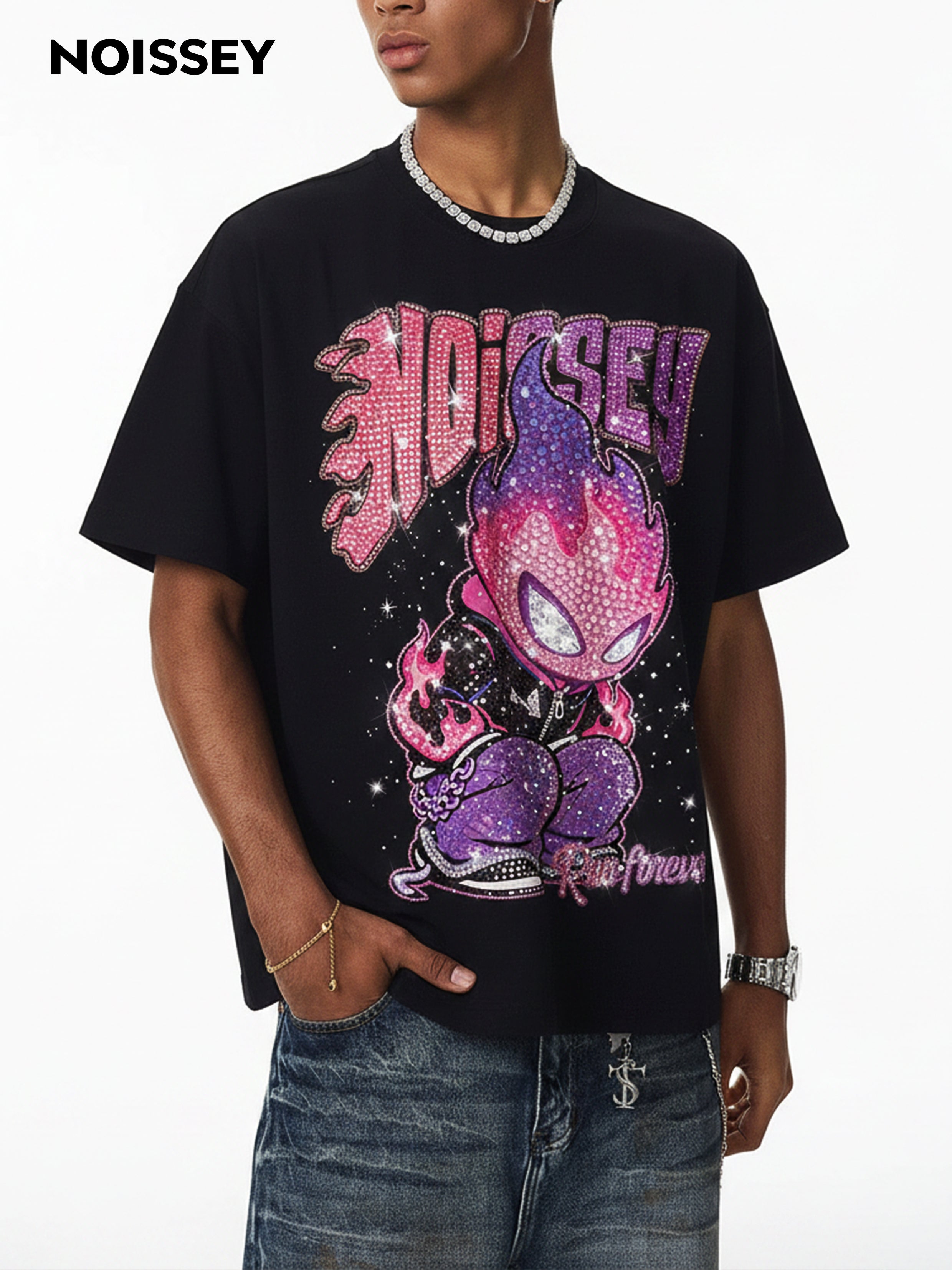 NOISSEY "Run Forever" Fire Kid Boxy Diamond Heavyweight Tee - Pink & Purple