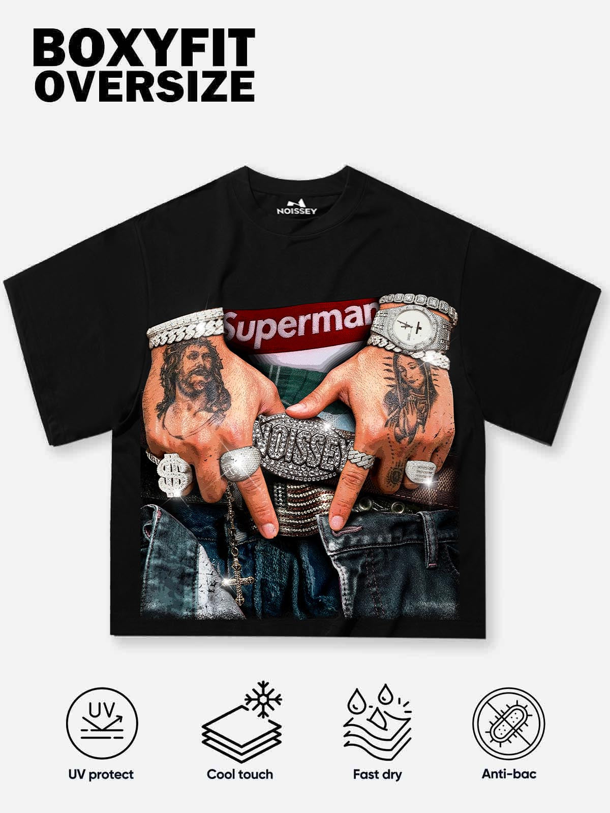 FLEX THE BUCKLE Black Boxy Print Oversized T-Shirt