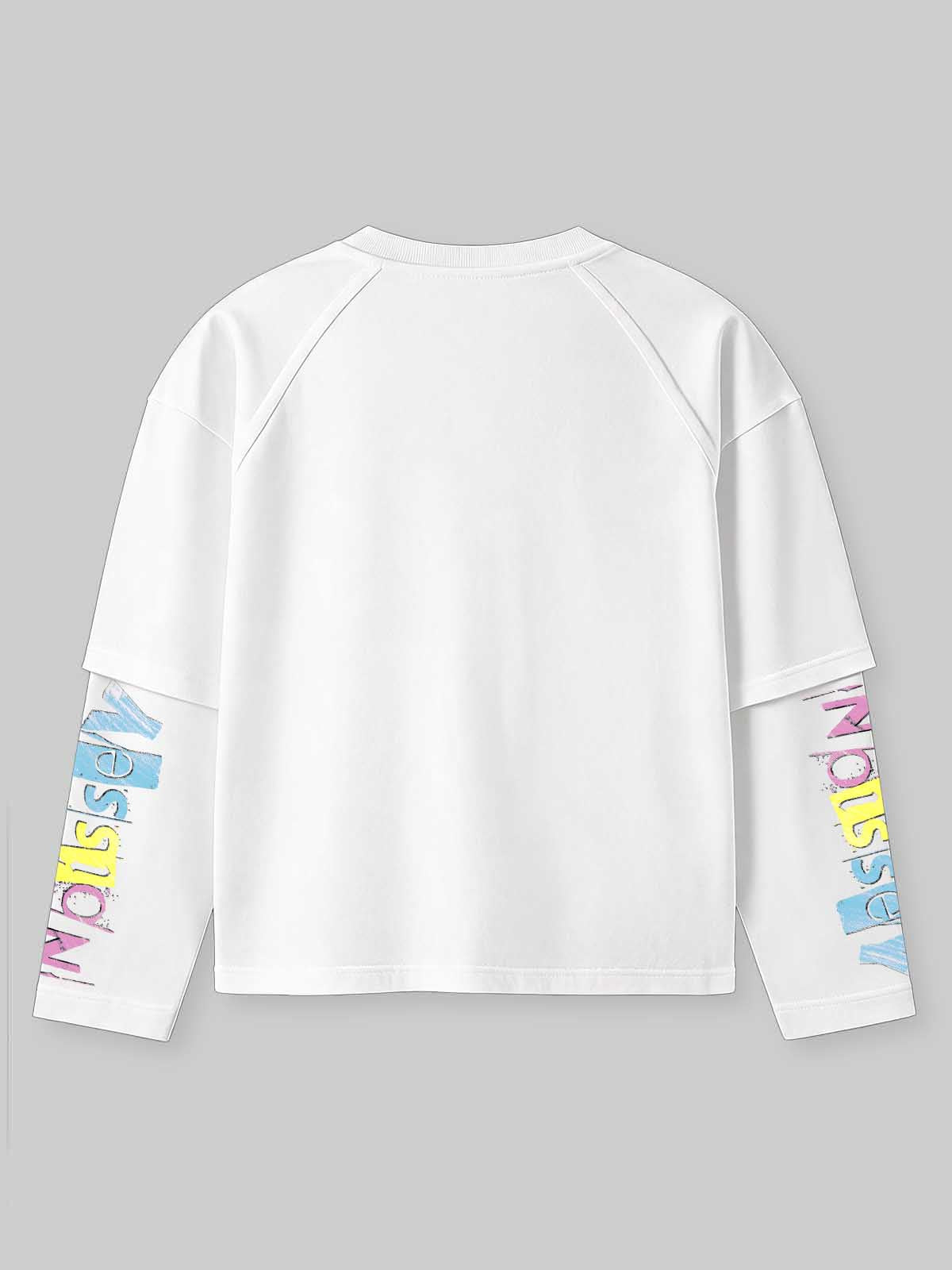 NOISSEY Braided Art Graphic Faux Two-Piece Sweatshirt - White Oversized Streetwear Crewneck