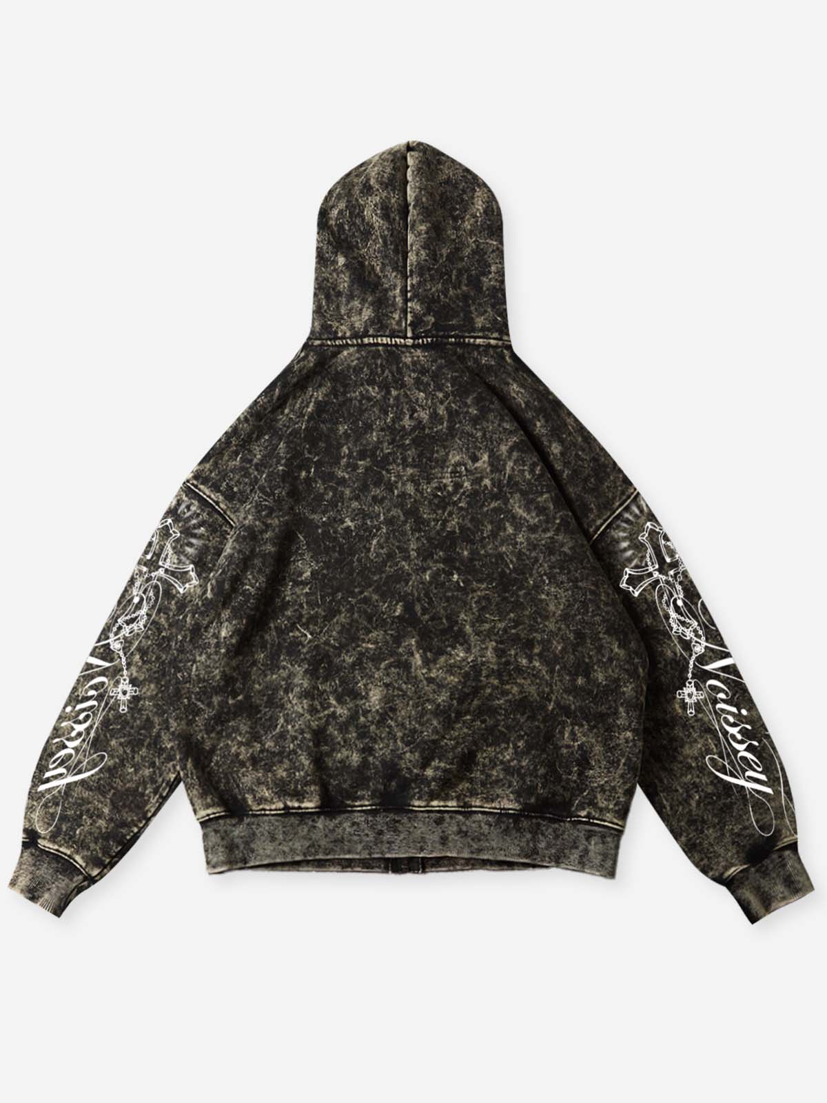 NOISSEY Vintage Washed Black Pearl Necklace Accessory & Printed Cross Zip-Up Hoodie