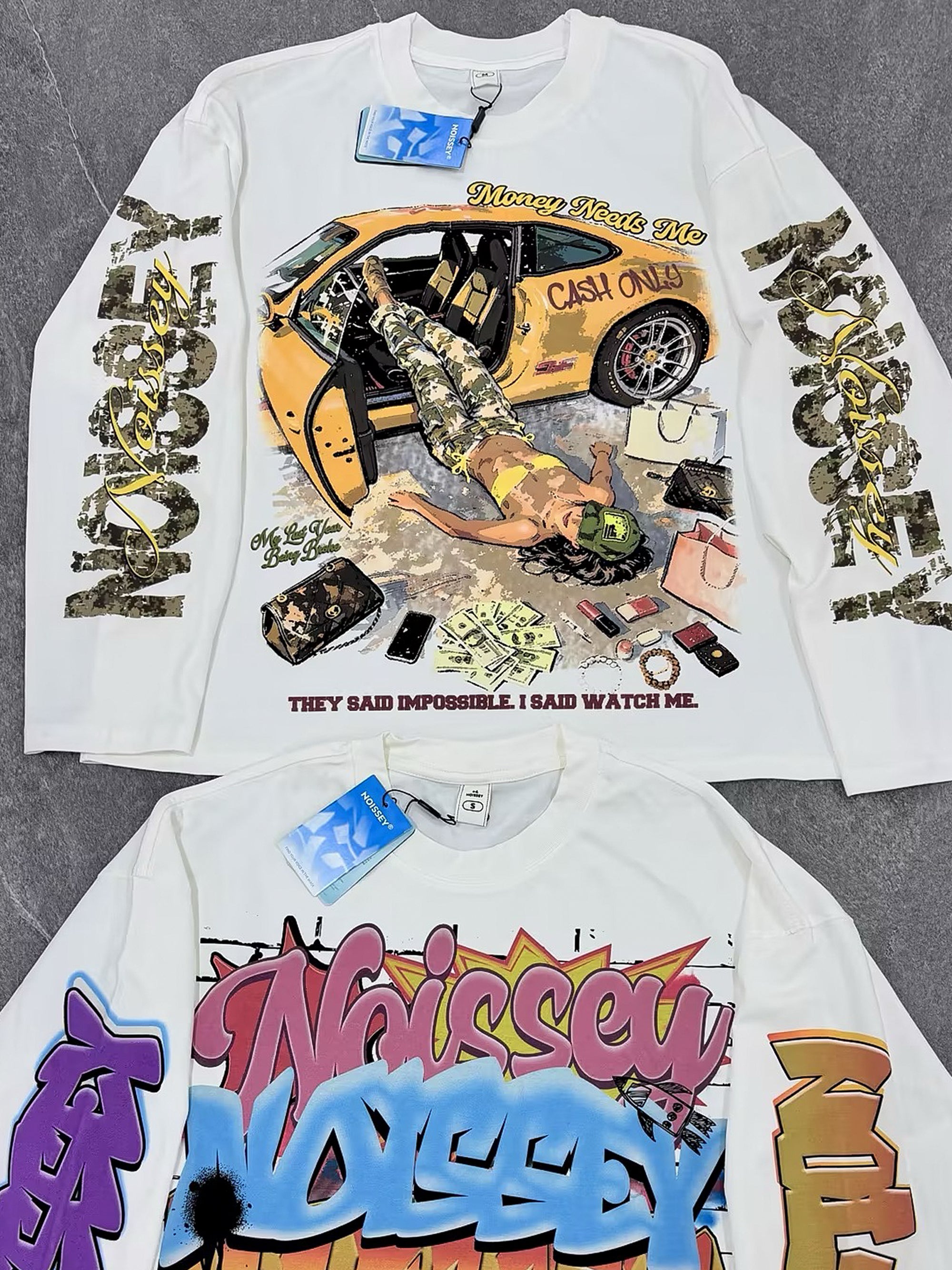NOISSEY "Money Needs Me" Boxy Heavyweight Camo Art Long Sleeve - Cloud White