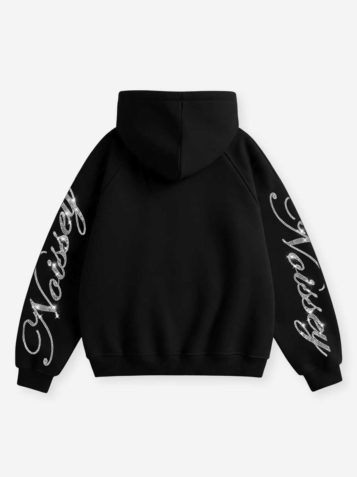 NOISSEY Metallic Grillz Lips &amp; Rhinestone Sleeve Zip-Up Hoodie - Black Streetwear Hoodie