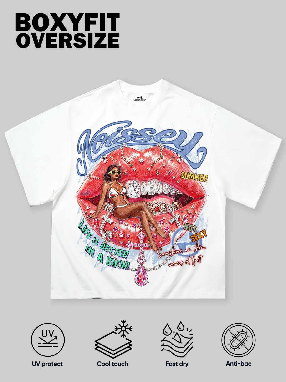 NOISSEY American Graffiti Bikini Girl &amp; Diamond Lips Graphic T-Shirt - Pure White