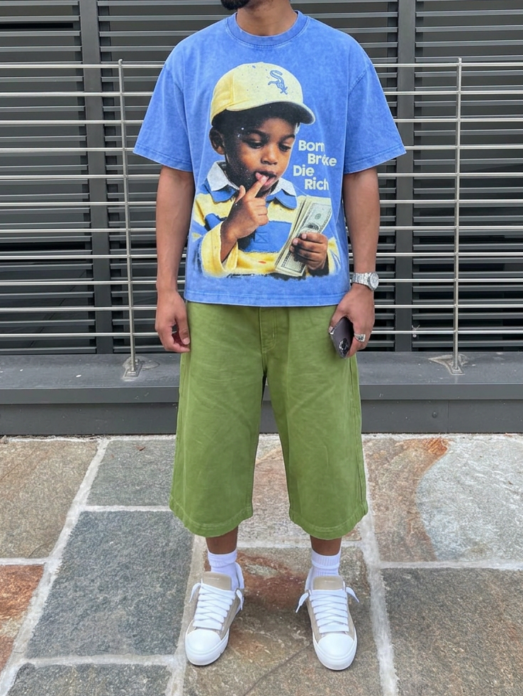 NOISSEY "Born Broke Die Rich" Yellow Cap Kid Graphic Acid-Washed Blue T-Shirt