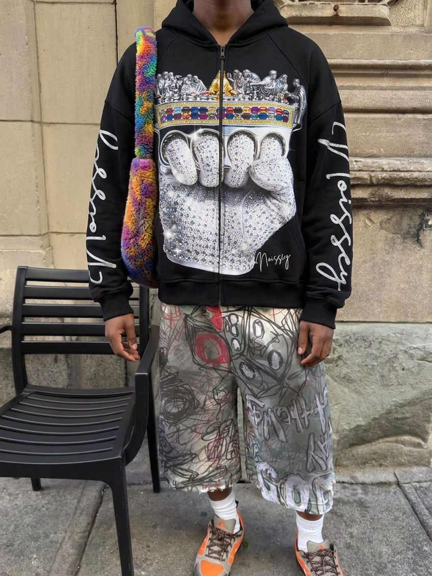 NOISSEY Iced-Out The Last Supper Brass Knuckles Black Zip-Up Hoodie