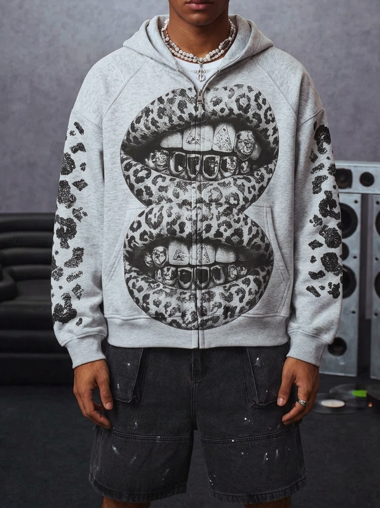 NOISSEY "Double Leopard Lips" Rhinestone Grillz Heather Grey Zip-Up Hoodie