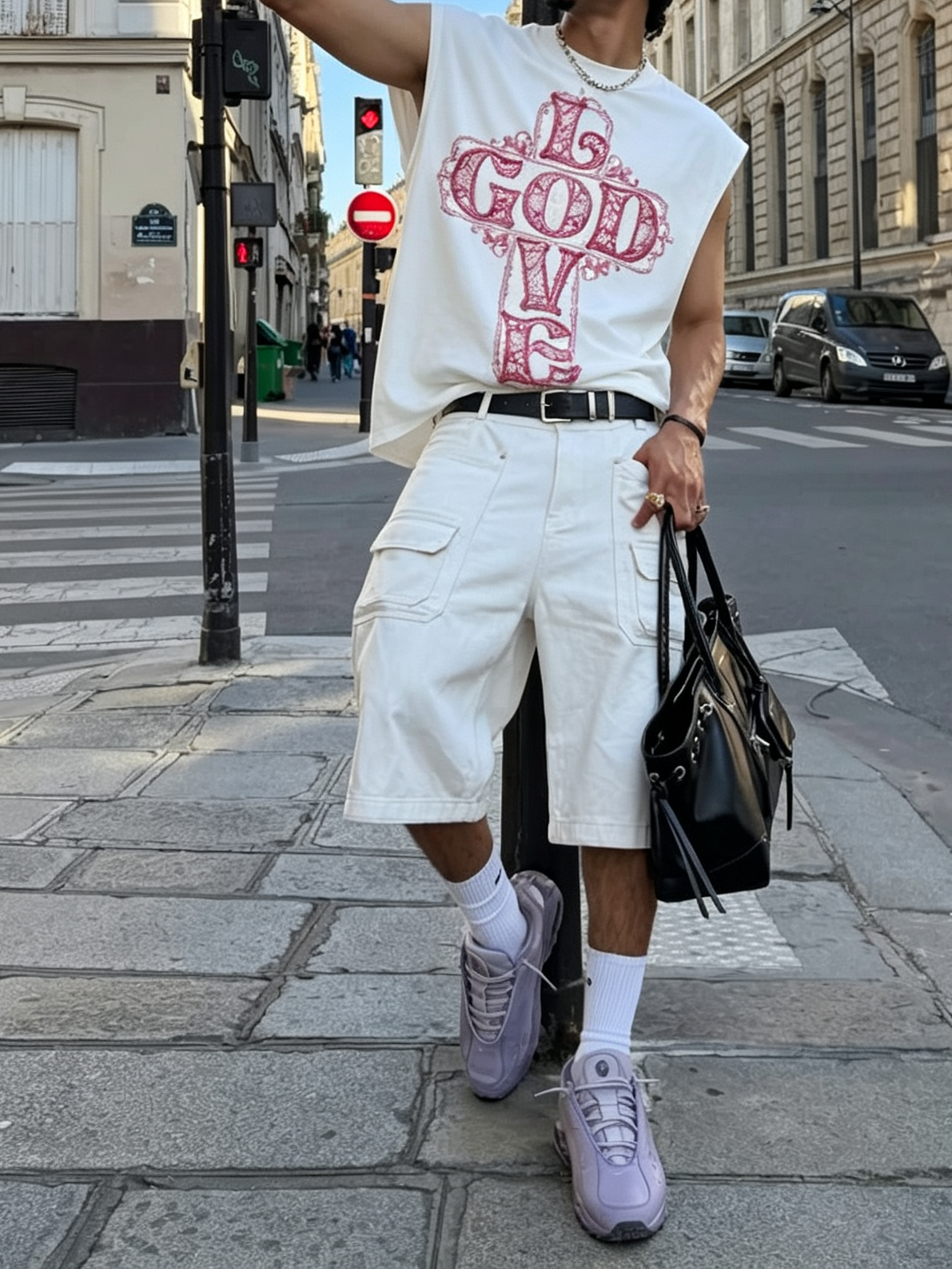 NOISSEY Pink Lace Cross "GOD IS LOVE" Graphic Oversized Tank Top - Pure White