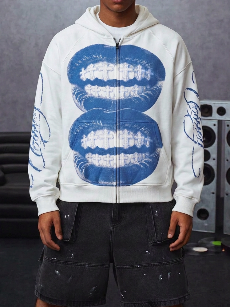 NOISSEY "Blue Monochrome Cross Lips" Cross Grillz White Zip-Up Hoodie