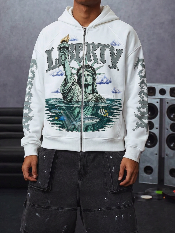 NOISSEY "Liberty" Statue of Liberty & Fish White Zip-Up Hoodie