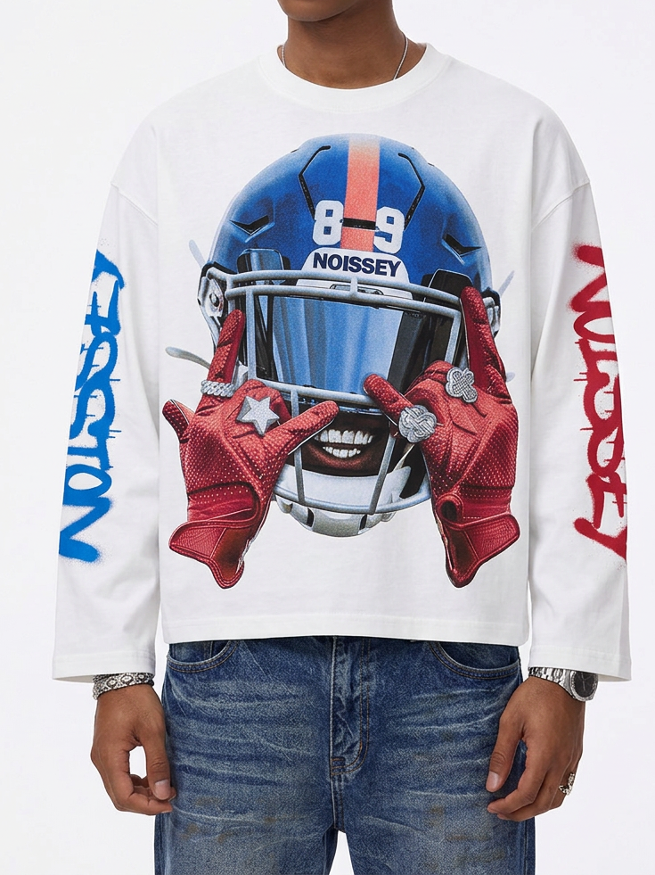 NOISSEY Red &amp; Blue Football Helmet Dual-Color Sleeve White Long Sleeve Shirt