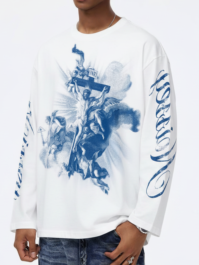 NOISSEY Jesus Ascension Vintage Religious Print Long-Sleeve T-Shirt - Pure White