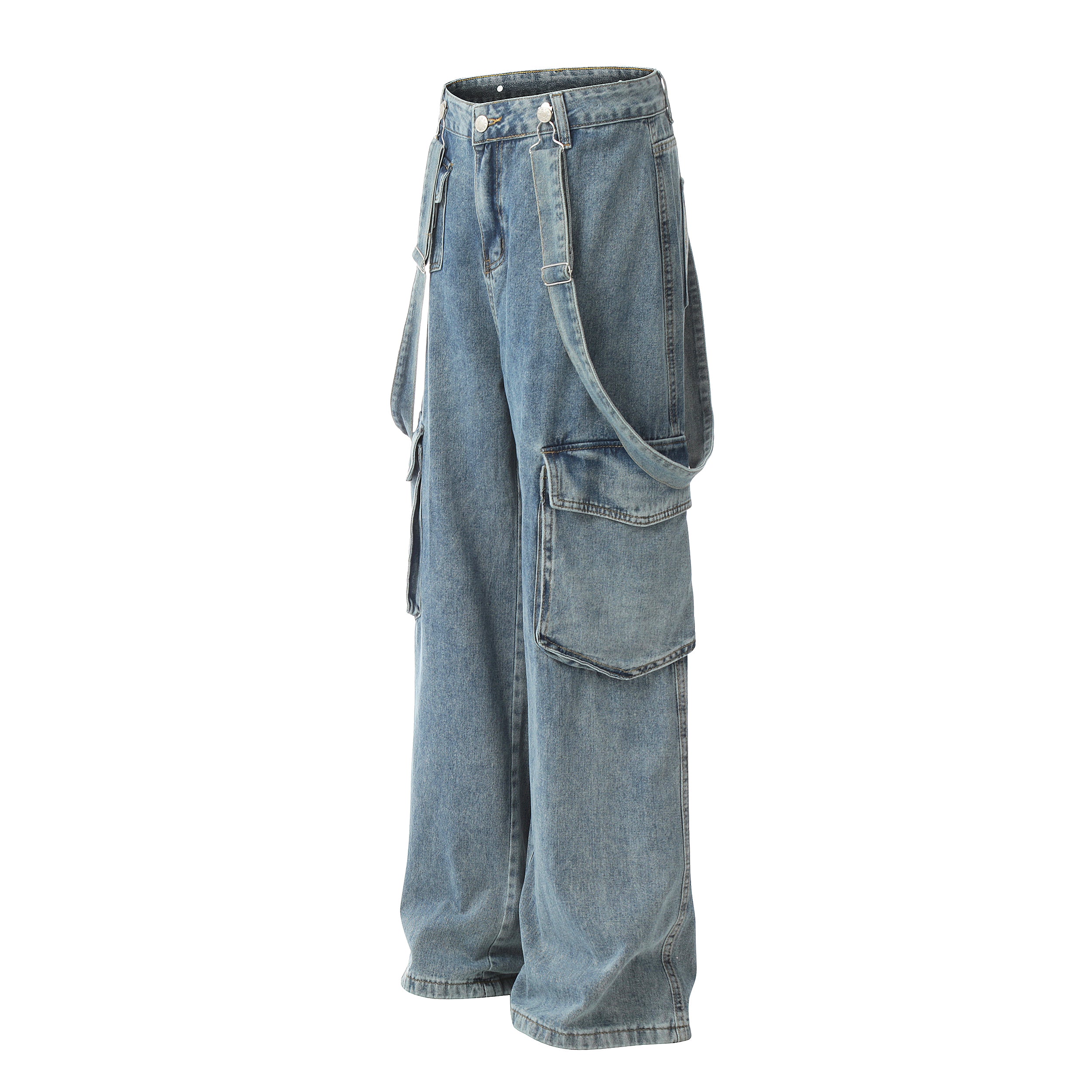 Detachable Strap Straight-Leg Cargo Loose-Fit Denim Jeans