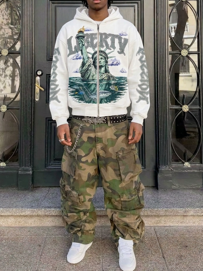 NOISSEY "Liberty" Statue of Liberty & Fish White Zip-Up Hoodie