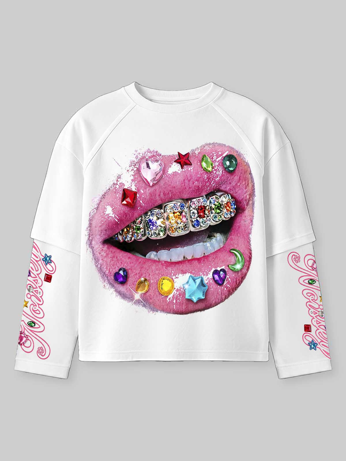 NOISSEY Pink Lips Gemstone Grillz Faux Two-Piece Raglan Sweatshirt - White Y2K Streetwear Crewneck