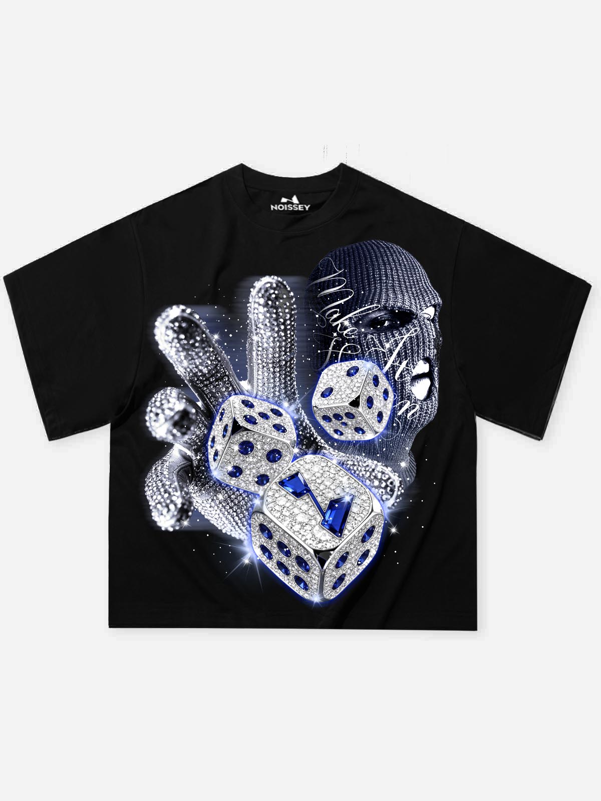 NOISSEY "Make It Happen" Iced-Out Ski Mask & Diamond Dice Black Boxy Tee