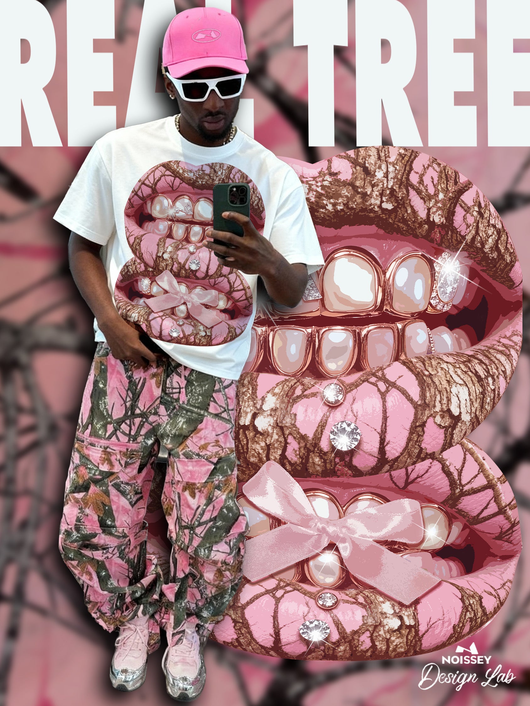 Pink Pearl Real Tree Art Grillz Print Boxy Oversized T-shirt
