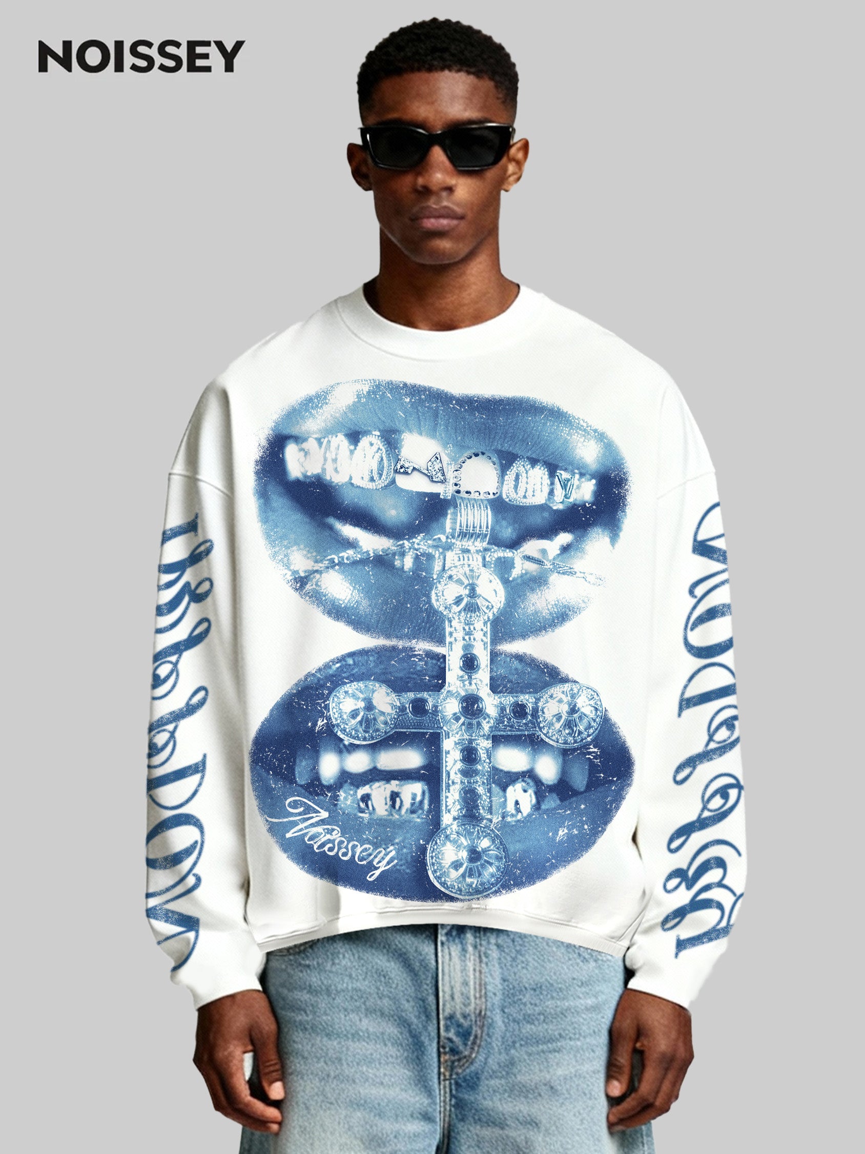 Artistic Cross Blue-Lip Grills Air Cotton Printed Long-Sleeve Shirt
