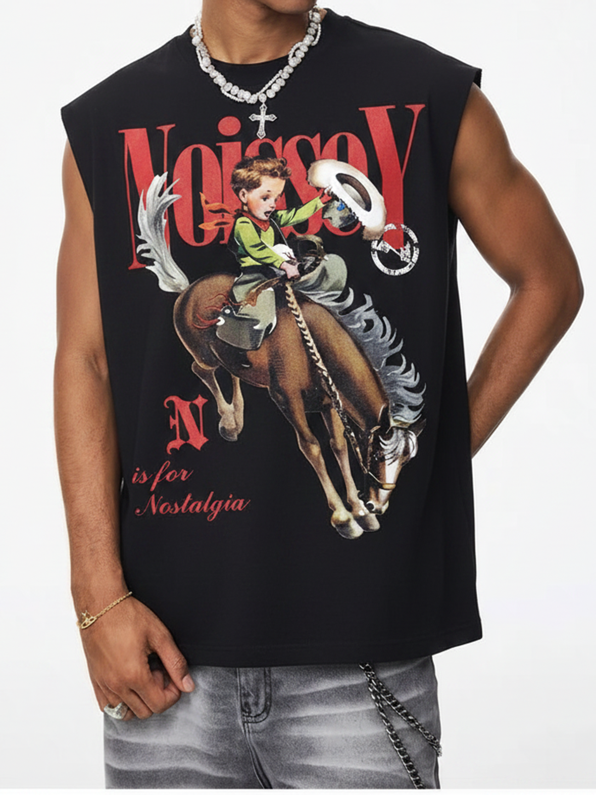 NOISSEY Vintage Cowboy Illustration Tank Top - Phantom Black 270G Heavyweight Oversized Sleevelless Tee