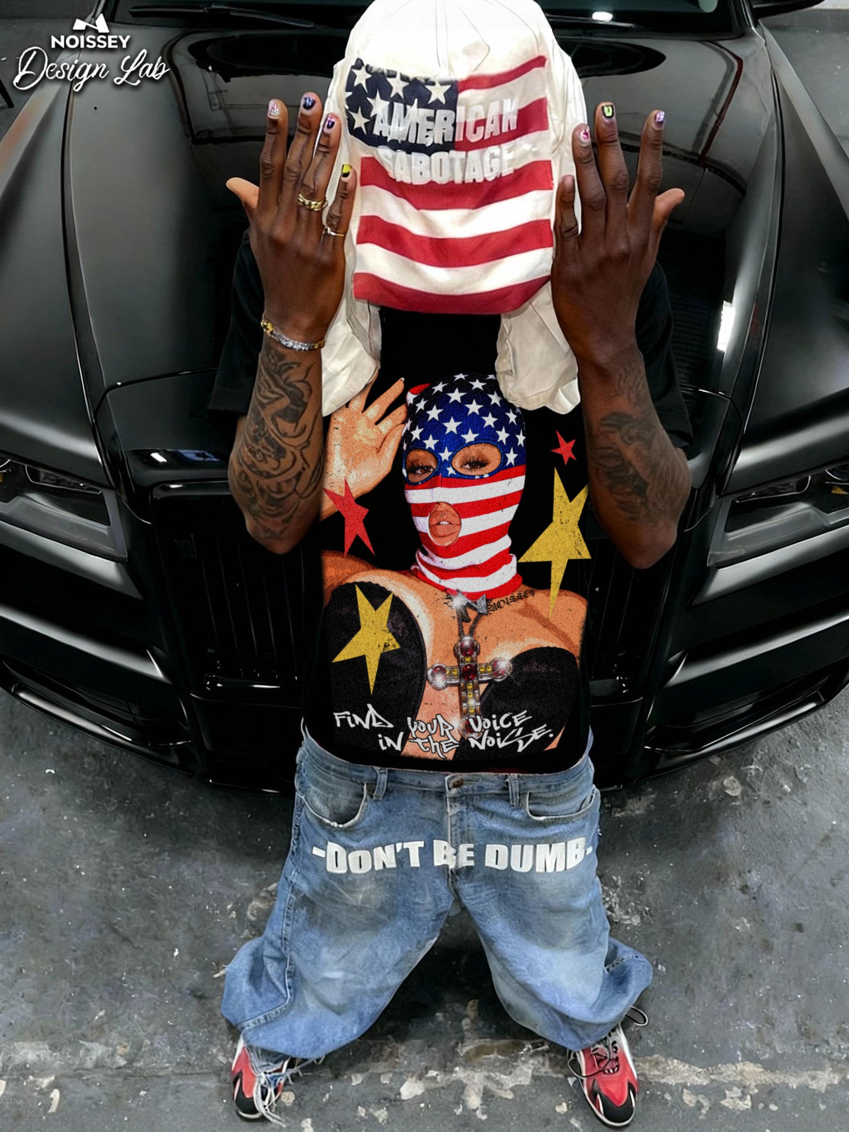 American Flag Balaclava Lady Art Painting Print Boxy Oversized T-shirt