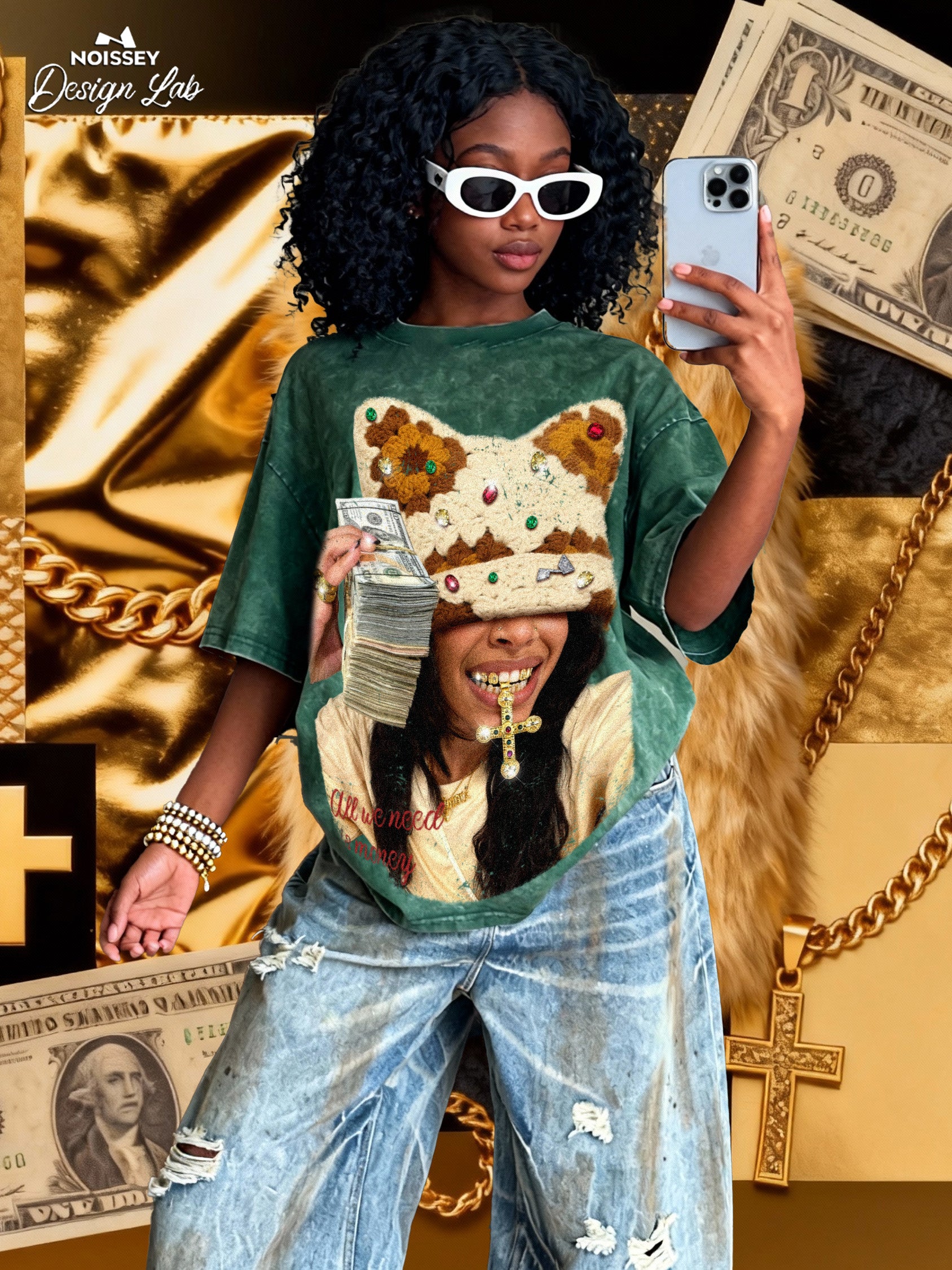 Colorful Diamond Brown Cat-Ear Cat & Street Girl Washed Print T-shirt