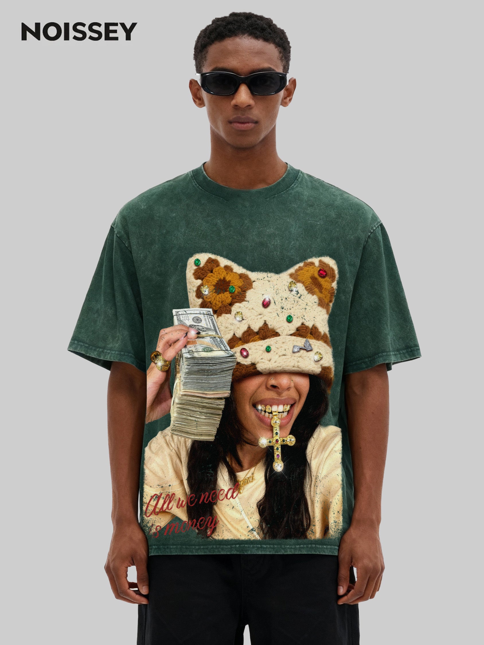 Colorful Diamond Brown Cat-Ear Cat & Street Girl Washed Print T-shirt