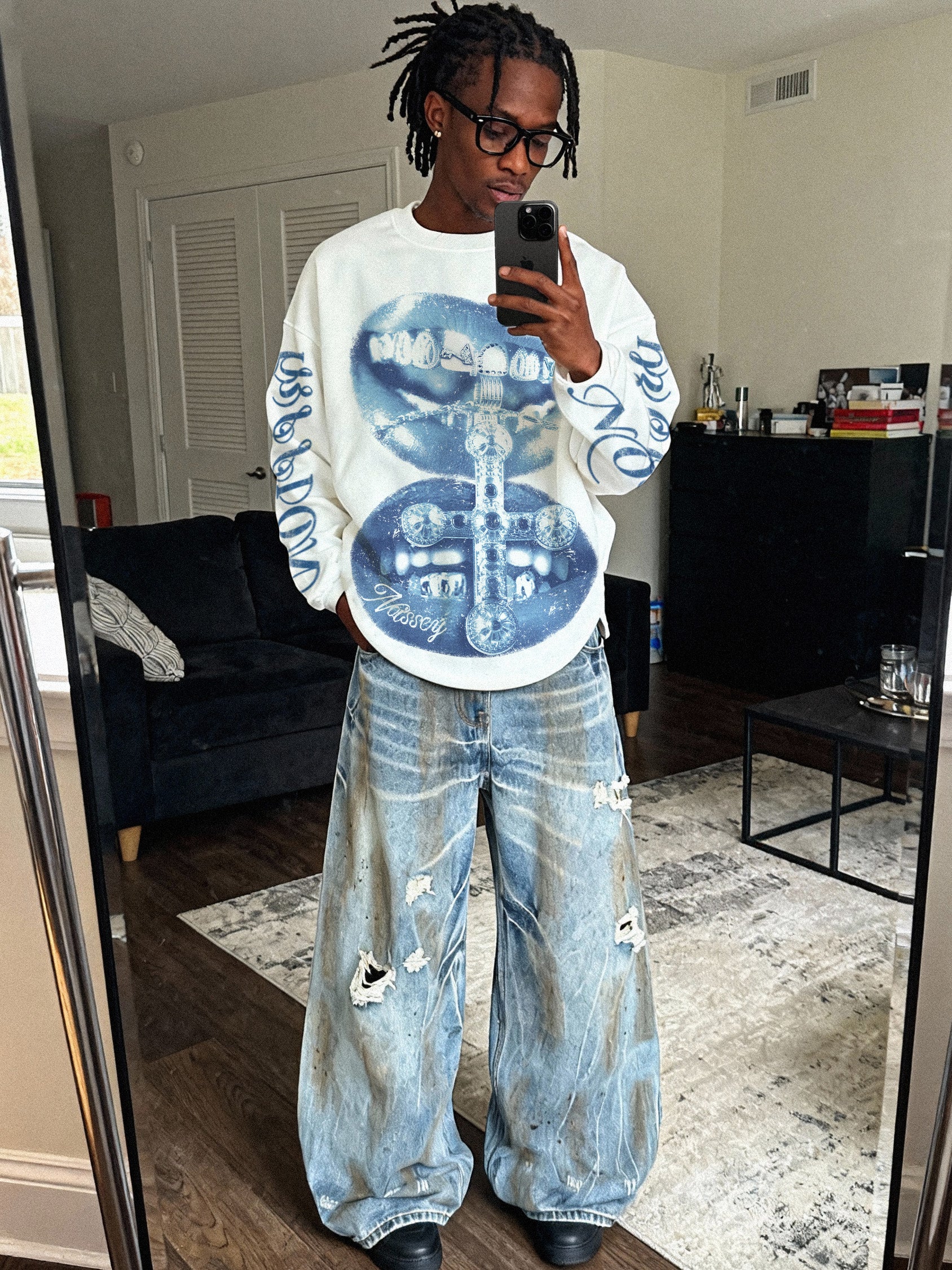 Artistic Cross Blue-Lip Grills Air Cotton Printed Long-Sleeve Shirt