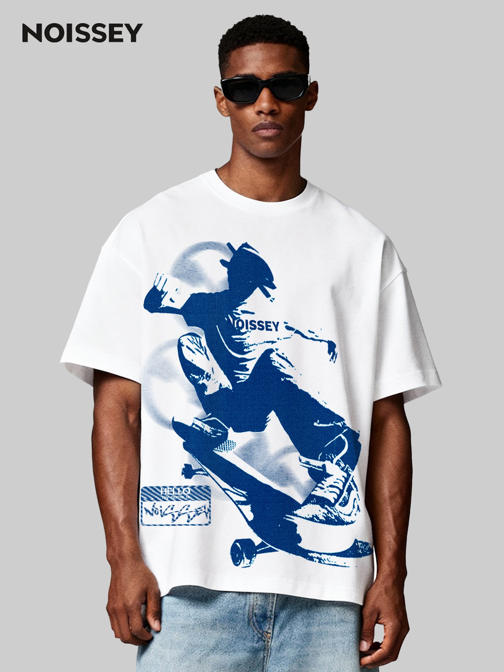 Skateboarding Teen in Motion Blueprint Monochrome Print T-shirt