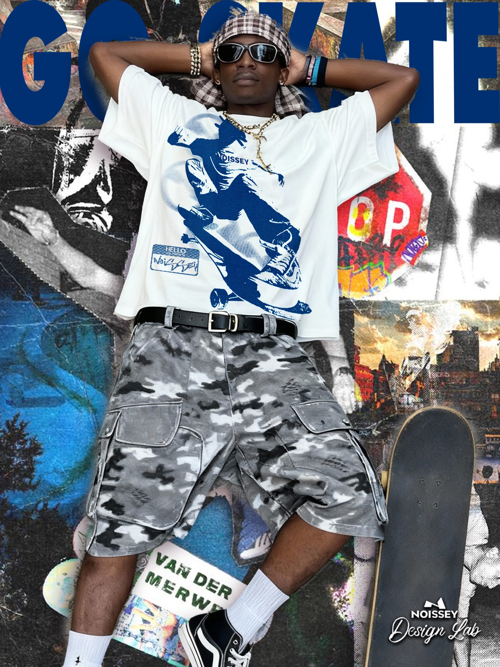 Skateboarding Teen in Motion Blueprint Monochrome Print T-shirt