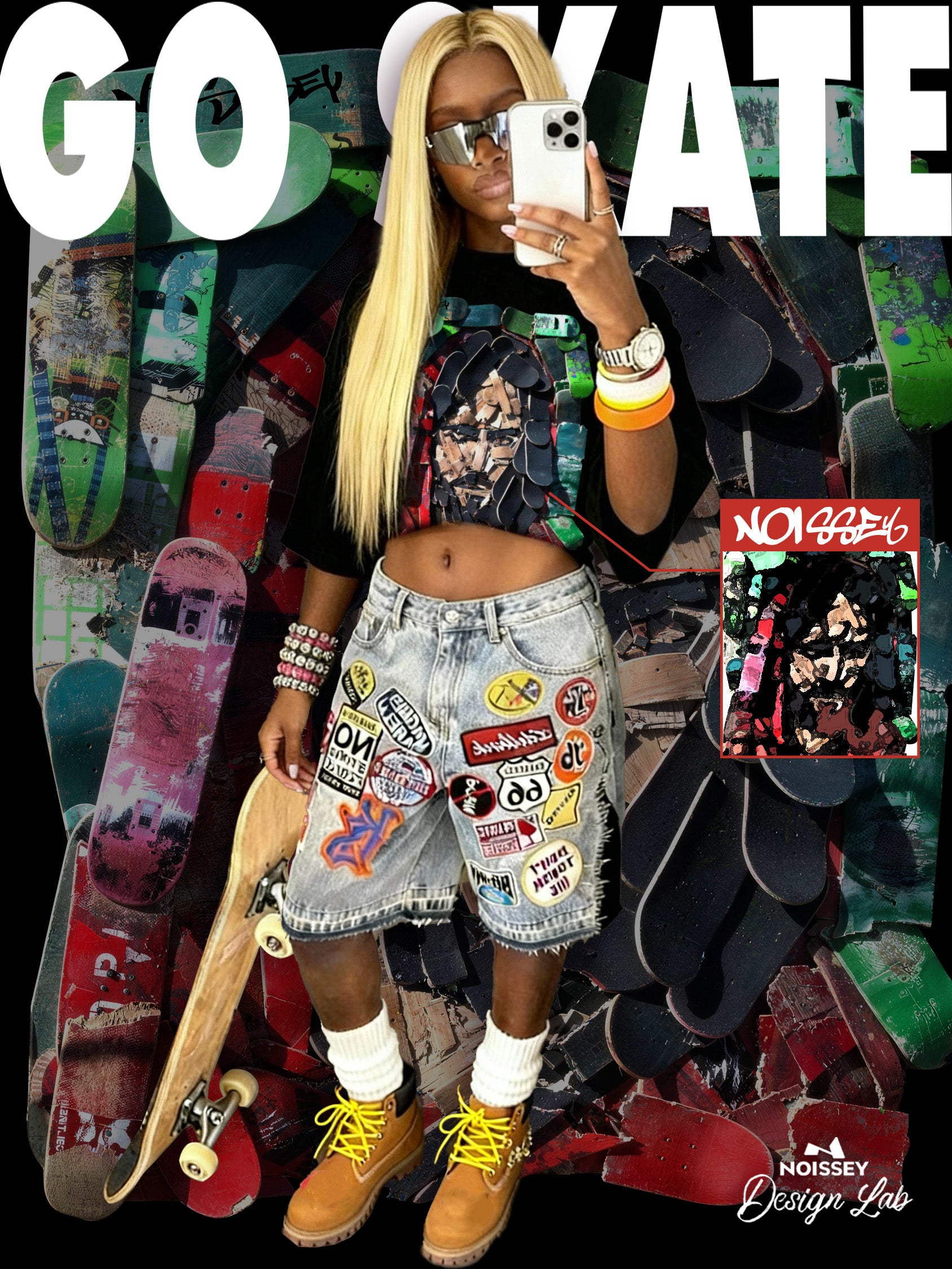 Skateboard Character Collage Print Boxy Oversized T-shirt