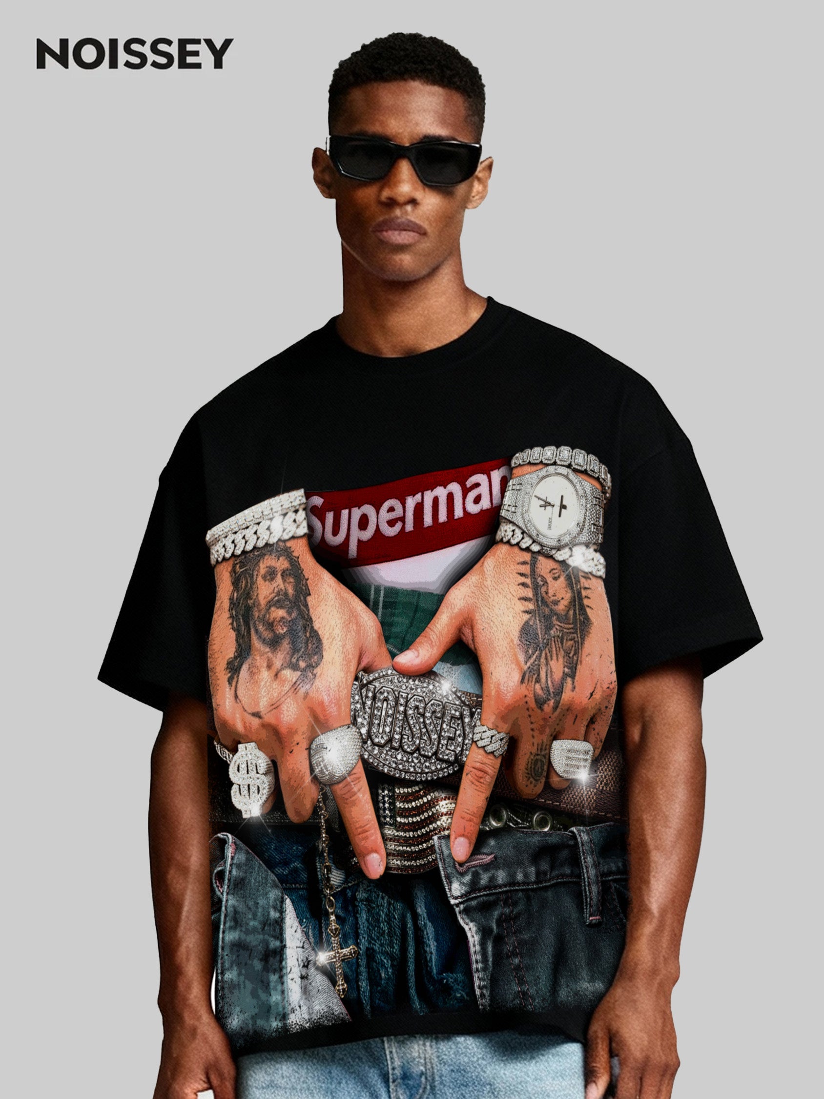 FLEX THE BUCKLE Black Boxy Print Oversized T-Shirt