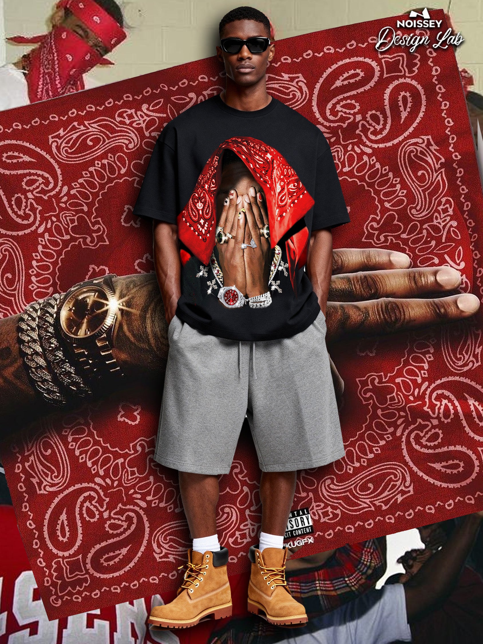 Boxy Oversized T-shirt with Red Paisley Art Headscarf Figure Print