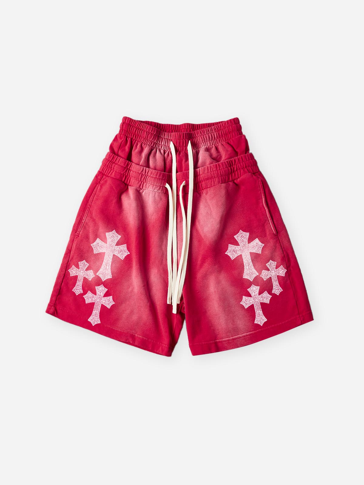 NOISSEY Rhinestone Gothic Cross Heavy Sweat Shorts - 4 Colors Available